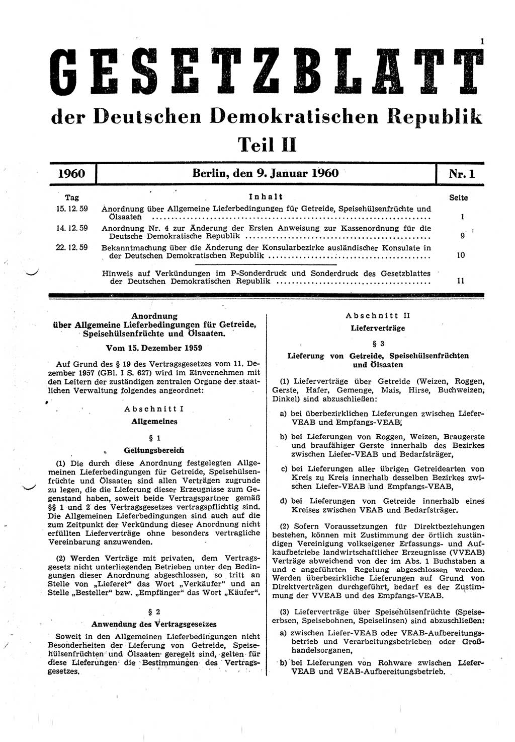 Gesetzblatt (GBl.) der Deutschen Demokratischen Republik (DDR) Teil ⅠⅠ 1960, Seite 1 (GBl. DDR ⅠⅠ 1960, S. 1)