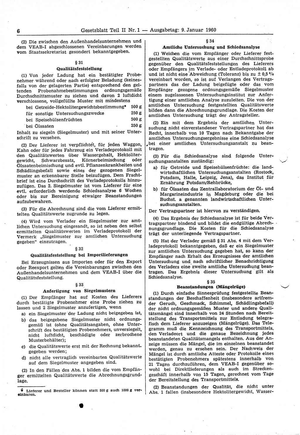 Gesetzblatt (GBl.) der Deutschen Demokratischen Republik (DDR) Teil ⅠⅠ 1960, Seite 6 (GBl. DDR ⅠⅠ 1960, S. 6)