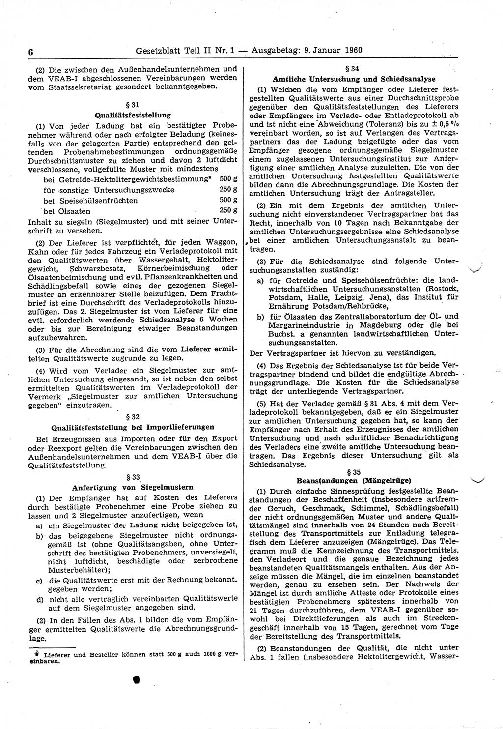 Gesetzblatt (GBl.) der Deutschen Demokratischen Republik (DDR) Teil ⅠⅠ 1960, Seite 6 (GBl. DDR ⅠⅠ 1960, S. 6)