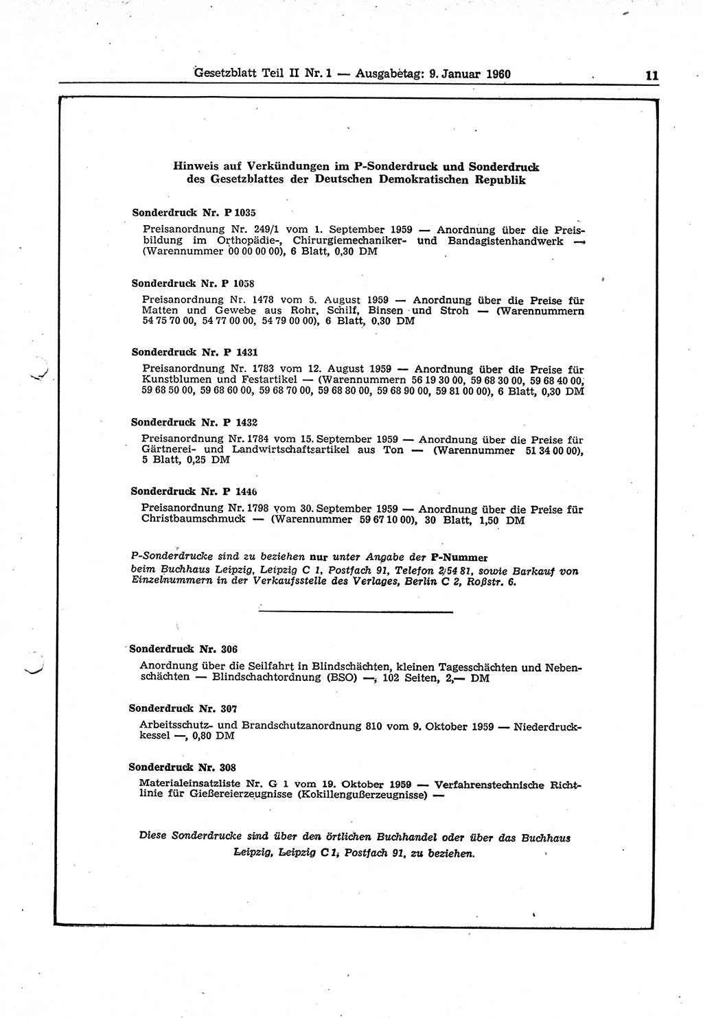 Gesetzblatt (GBl.) der Deutschen Demokratischen Republik (DDR) Teil ⅠⅠ 1960, Seite 11 (GBl. DDR ⅠⅠ 1960, S. 11)