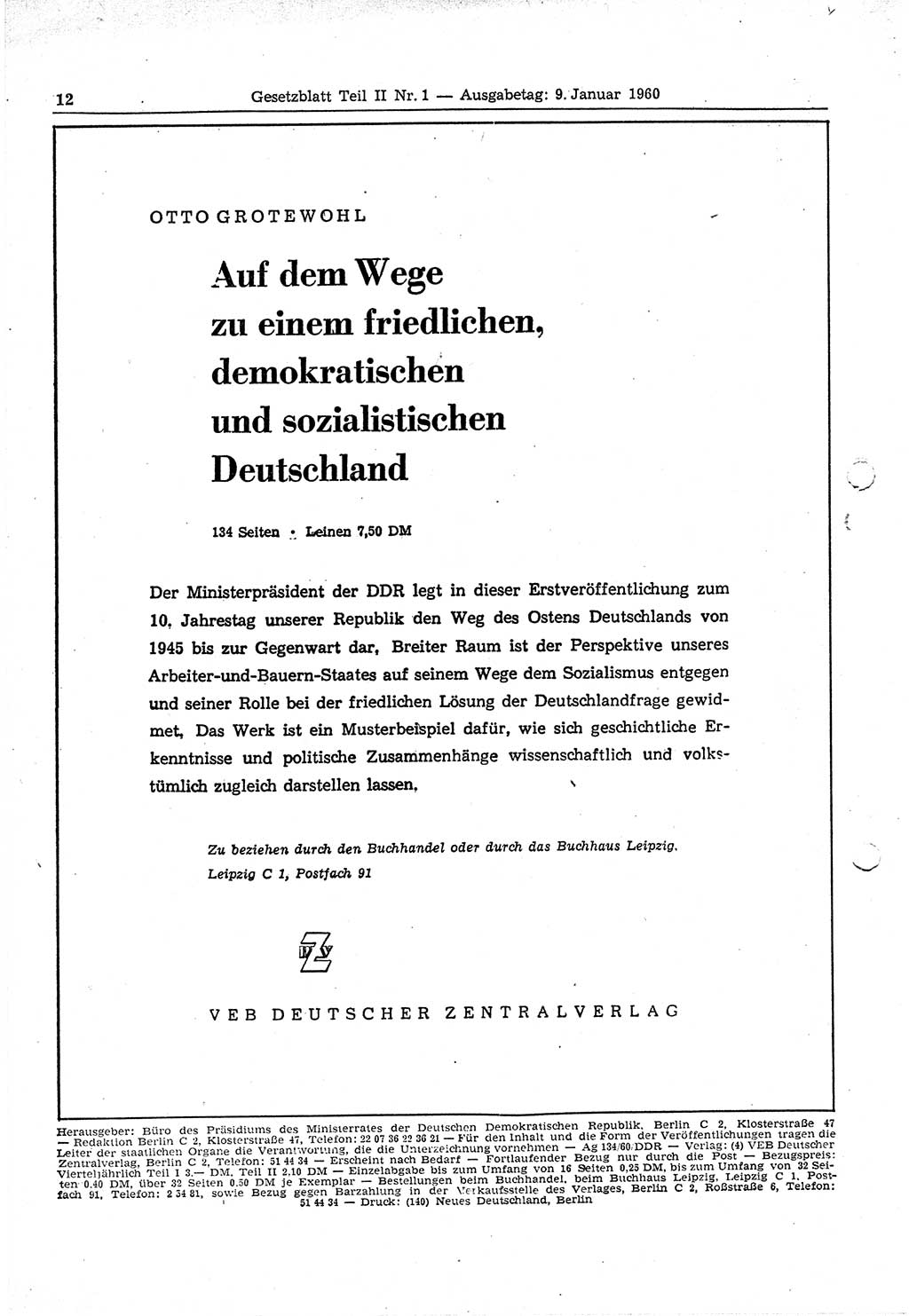 Gesetzblatt (GBl.) der Deutschen Demokratischen Republik (DDR) Teil ⅠⅠ 1960, Seite 12 (GBl. DDR ⅠⅠ 1960, S. 12)