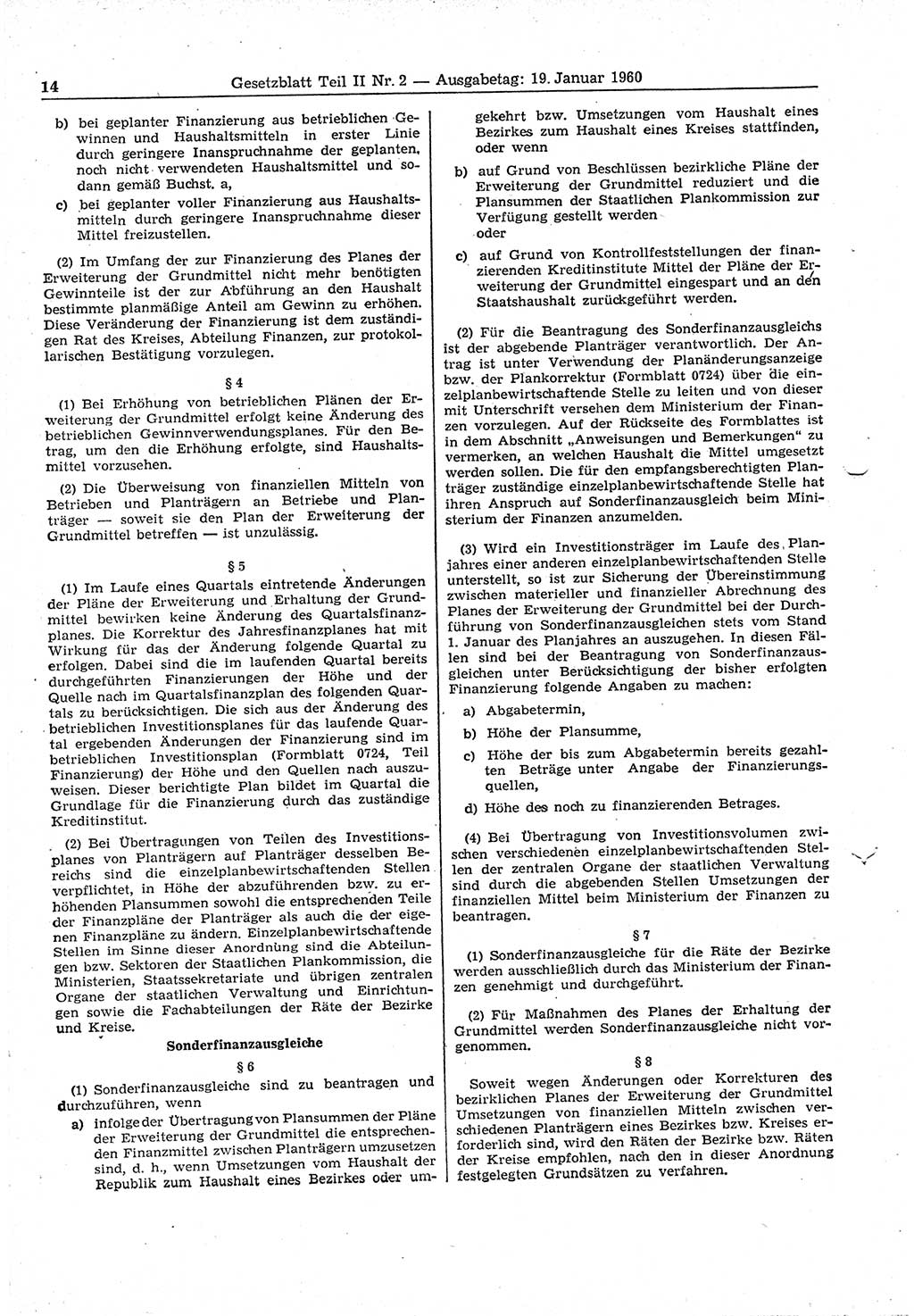 Gesetzblatt (GBl.) der Deutschen Demokratischen Republik (DDR) Teil ⅠⅠ 1960, Seite 14 (GBl. DDR ⅠⅠ 1960, S. 14)