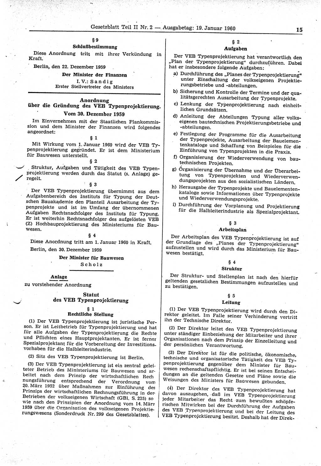 Gesetzblatt (GBl.) der Deutschen Demokratischen Republik (DDR) Teil ⅠⅠ 1960, Seite 15 (GBl. DDR ⅠⅠ 1960, S. 15)