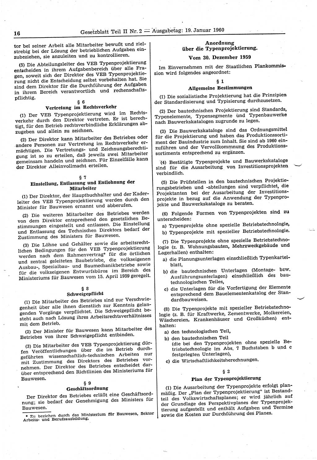 Gesetzblatt (GBl.) der Deutschen Demokratischen Republik (DDR) Teil ⅠⅠ 1960, Seite 16 (GBl. DDR ⅠⅠ 1960, S. 16)