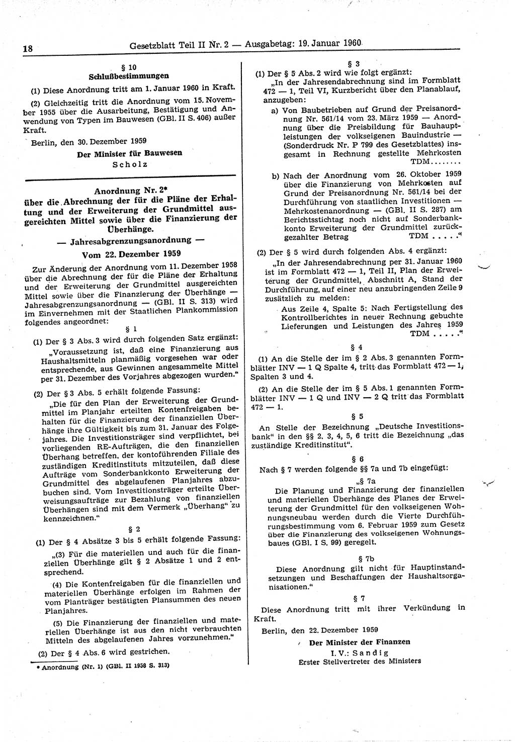 Gesetzblatt (GBl.) der Deutschen Demokratischen Republik (DDR) Teil ⅠⅠ 1960, Seite 18 (GBl. DDR ⅠⅠ 1960, S. 18)