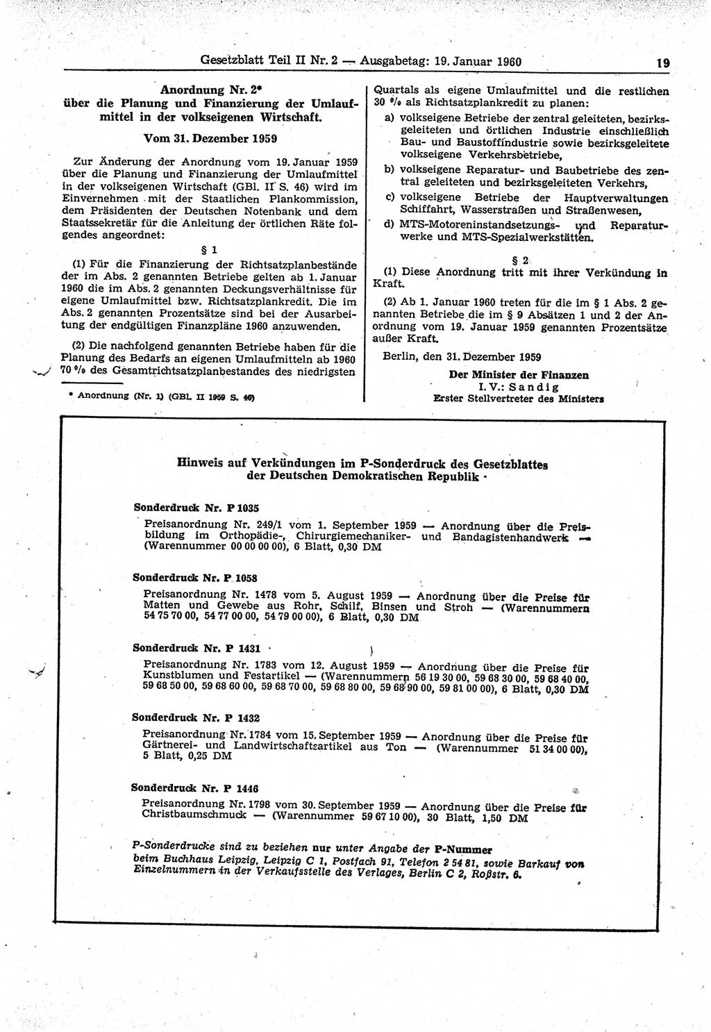 Gesetzblatt (GBl.) der Deutschen Demokratischen Republik (DDR) Teil ⅠⅠ 1960, Seite 19 (GBl. DDR ⅠⅠ 1960, S. 19)