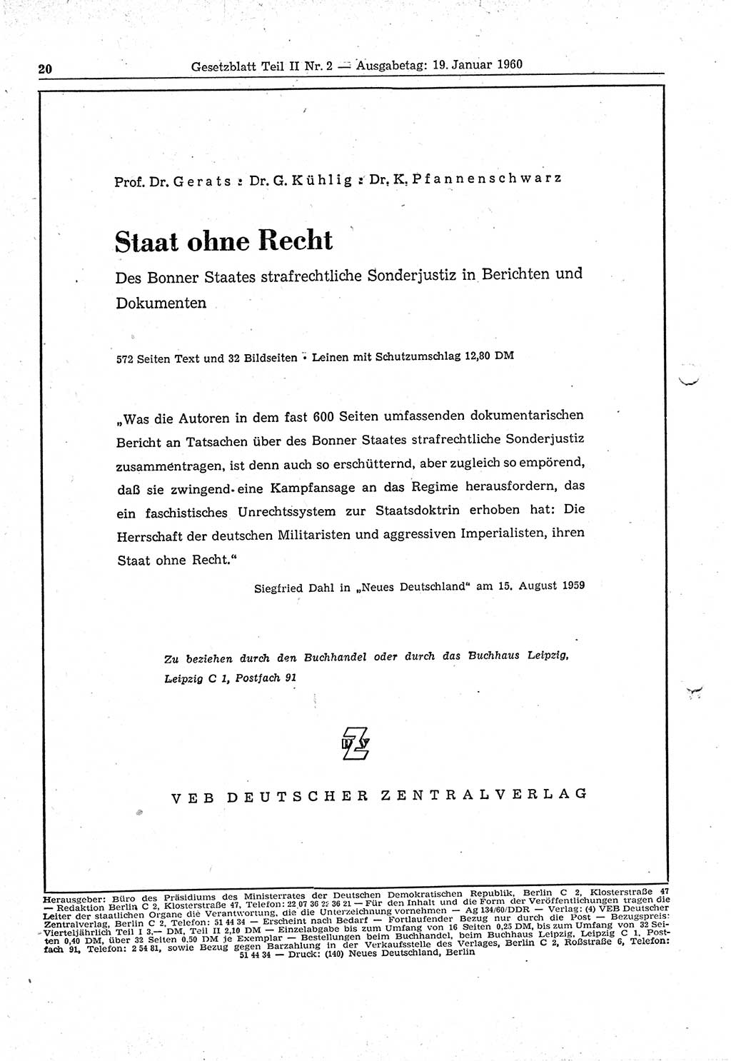 Gesetzblatt (GBl.) der Deutschen Demokratischen Republik (DDR) Teil ⅠⅠ 1960, Seite 20 (GBl. DDR ⅠⅠ 1960, S. 20)