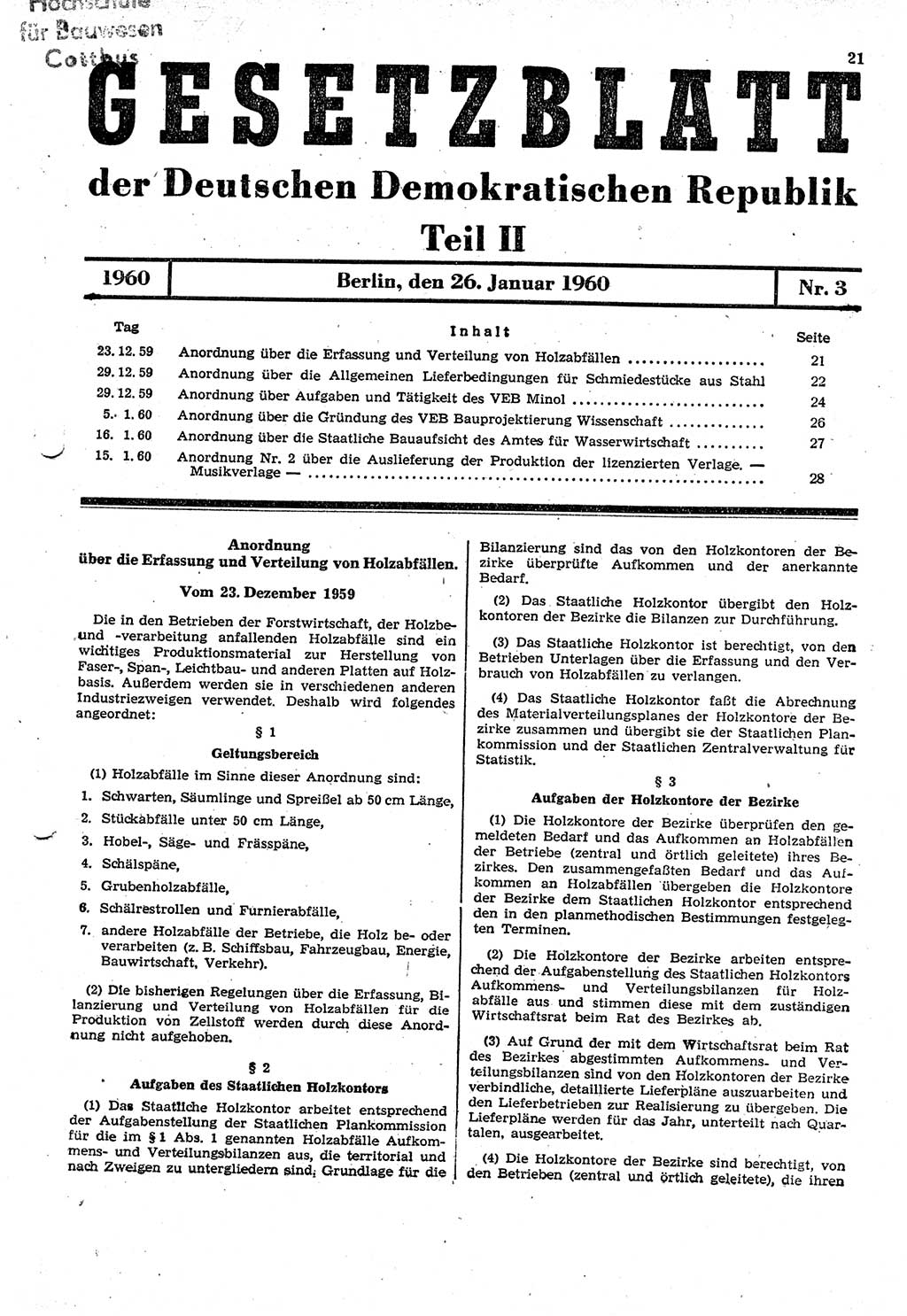 Gesetzblatt (GBl.) der Deutschen Demokratischen Republik (DDR) Teil ⅠⅠ 1960, Seite 21 (GBl. DDR ⅠⅠ 1960, S. 21)