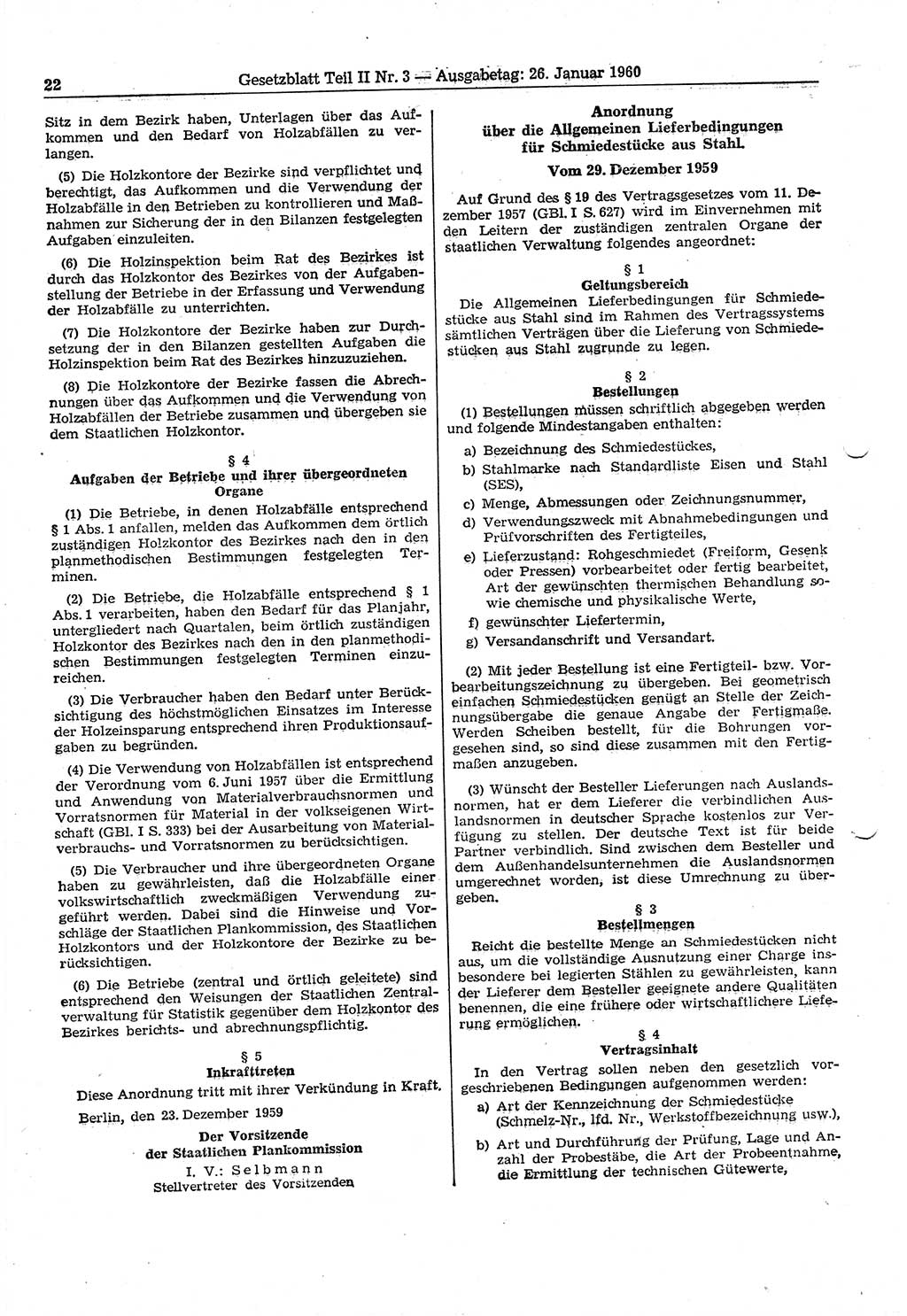 Gesetzblatt (GBl.) der Deutschen Demokratischen Republik (DDR) Teil ⅠⅠ 1960, Seite 22 (GBl. DDR ⅠⅠ 1960, S. 22)