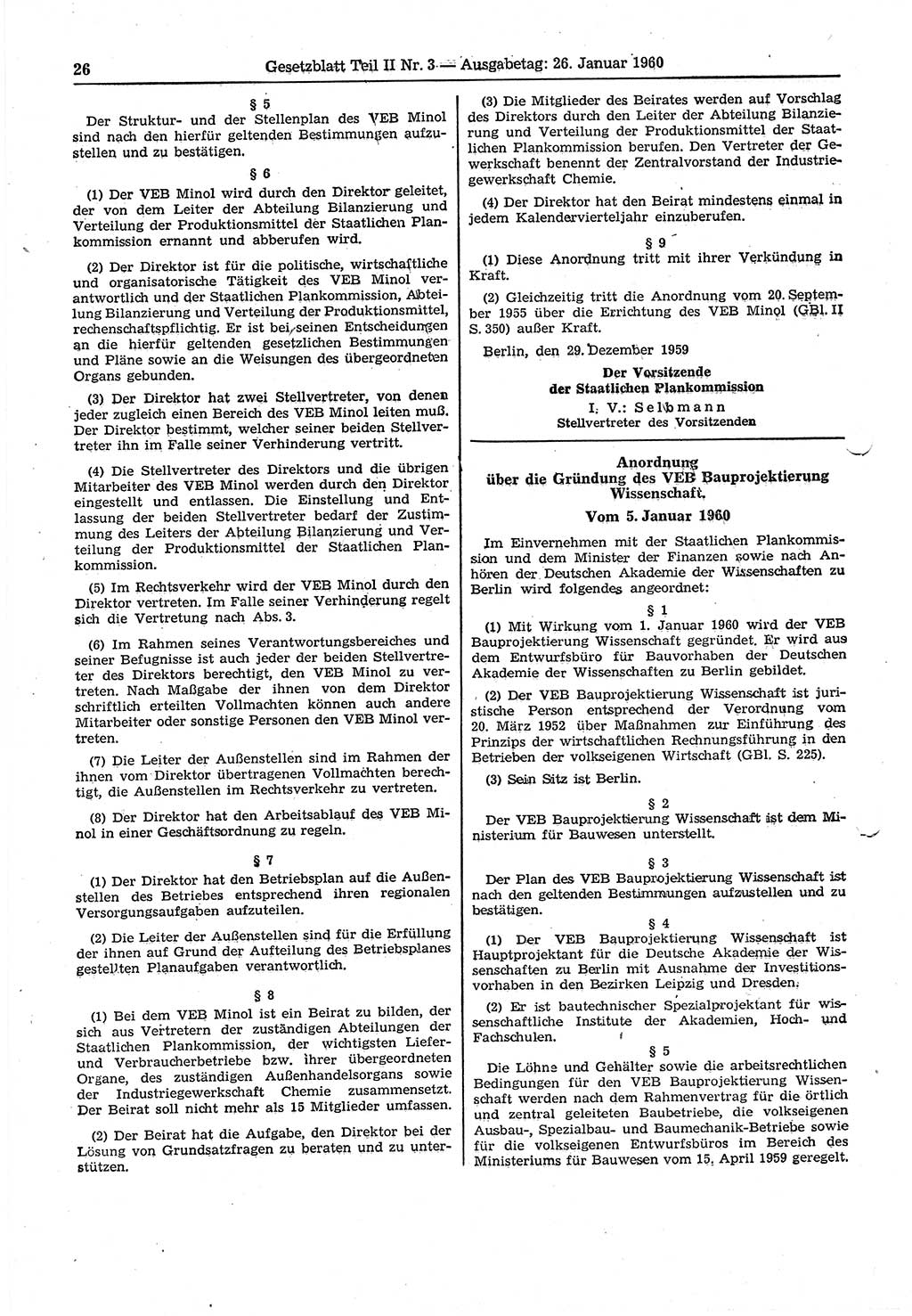 Gesetzblatt (GBl.) der Deutschen Demokratischen Republik (DDR) Teil ⅠⅠ 1960, Seite 26 (GBl. DDR ⅠⅠ 1960, S. 26)