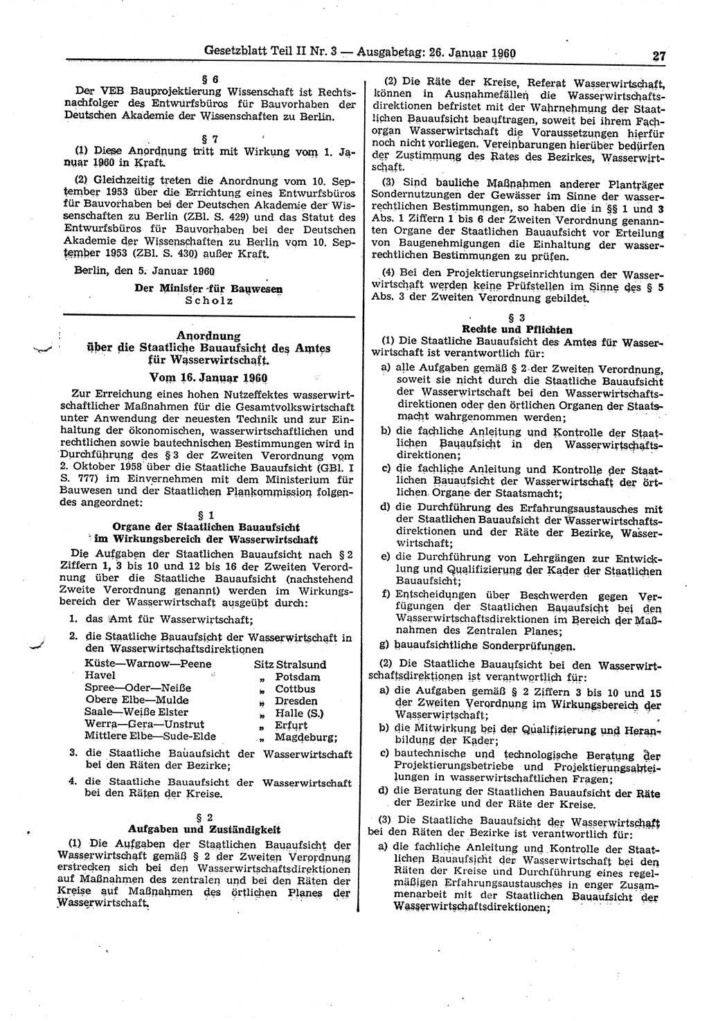 Gesetzblatt (GBl.) der Deutschen Demokratischen Republik (DDR) Teil ⅠⅠ 1960, Seite 27 (GBl. DDR ⅠⅠ 1960, S. 27)