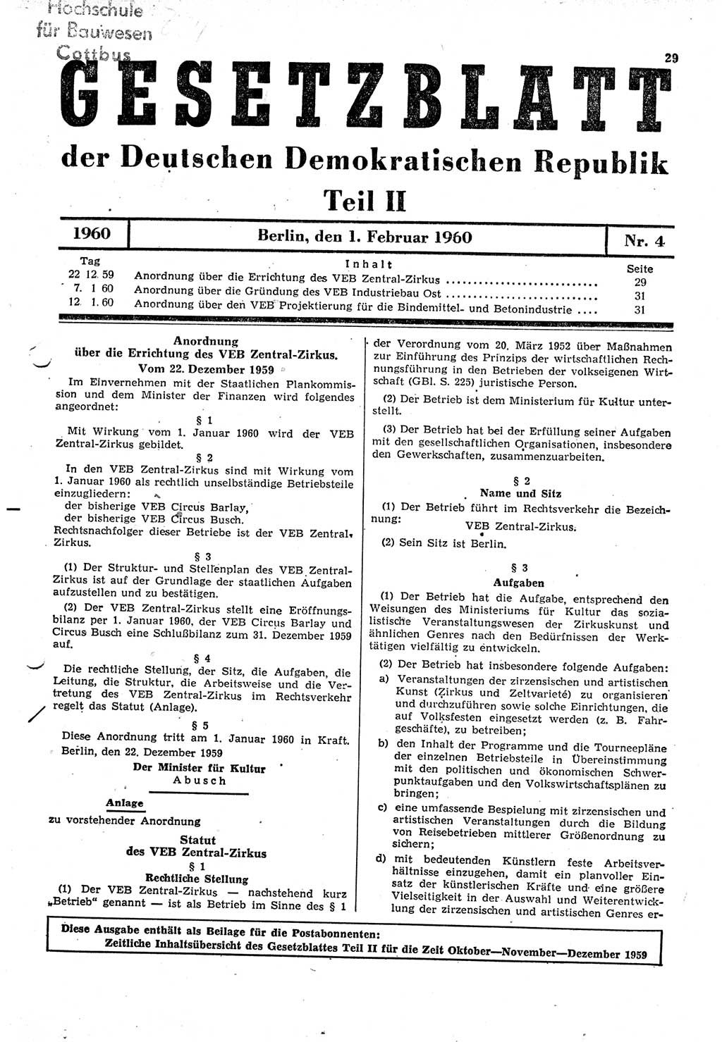 Gesetzblatt (GBl.) der Deutschen Demokratischen Republik (DDR) Teil ⅠⅠ 1960, Seite 29 (GBl. DDR ⅠⅠ 1960, S. 29)