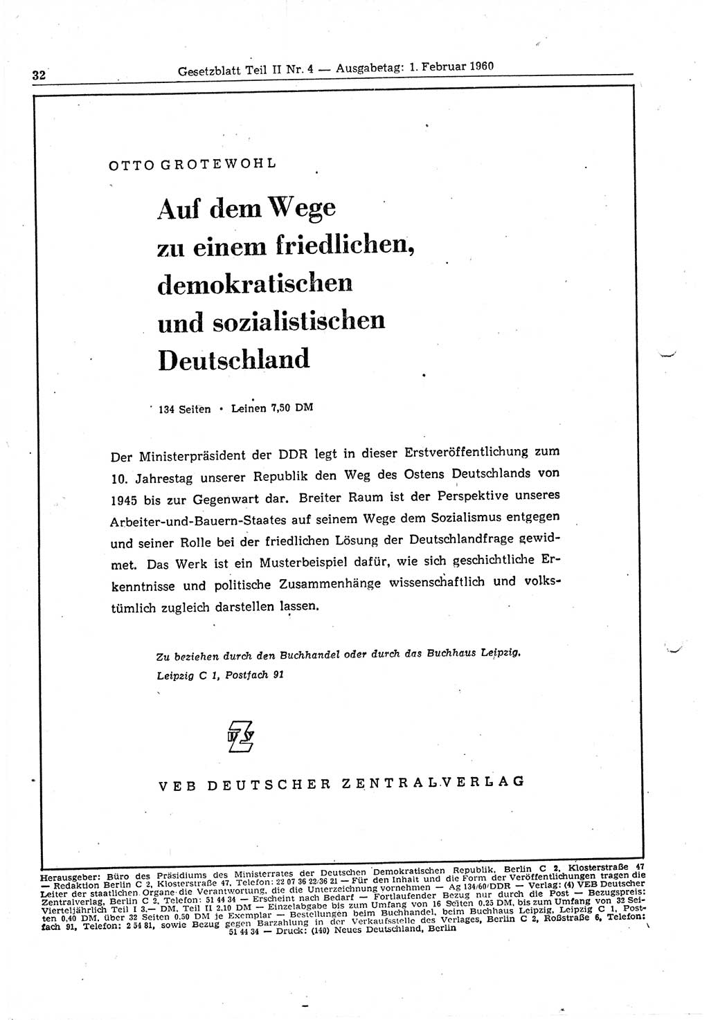 Gesetzblatt (GBl.) der Deutschen Demokratischen Republik (DDR) Teil ⅠⅠ 1960, Seite 32 (GBl. DDR ⅠⅠ 1960, S. 32)