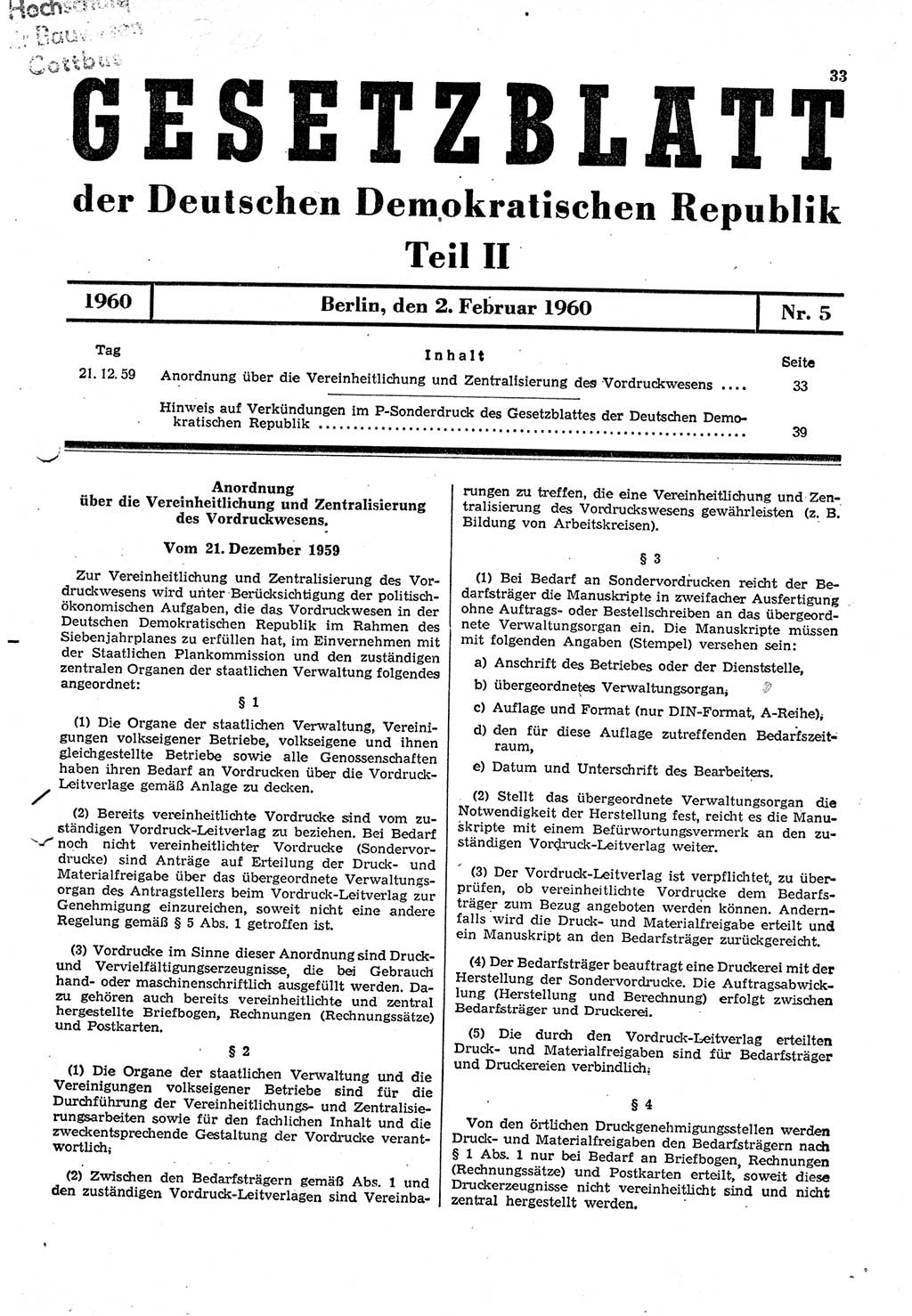 Gesetzblatt (GBl.) der Deutschen Demokratischen Republik (DDR) Teil ⅠⅠ 1960, Seite 33 (GBl. DDR ⅠⅠ 1960, S. 33)