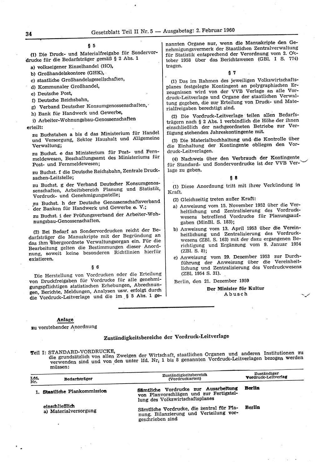 Gesetzblatt (GBl.) der Deutschen Demokratischen Republik (DDR) Teil ⅠⅠ 1960, Seite 34 (GBl. DDR ⅠⅠ 1960, S. 34)
