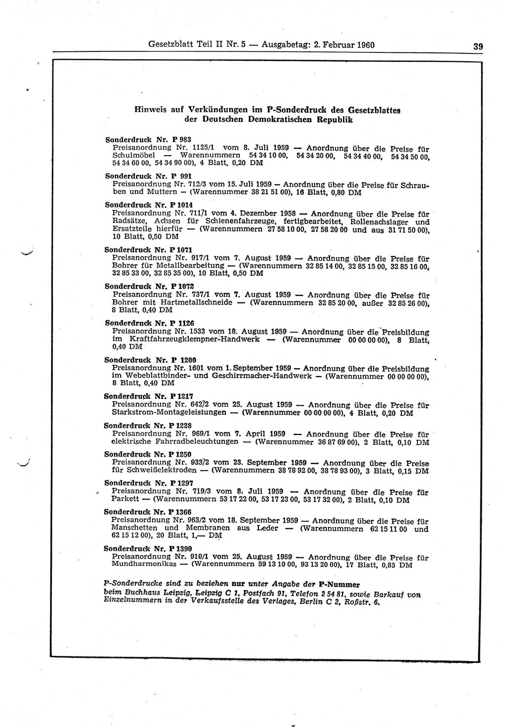 Gesetzblatt (GBl.) der Deutschen Demokratischen Republik (DDR) Teil ⅠⅠ 1960, Seite 39 (GBl. DDR ⅠⅠ 1960, S. 39)