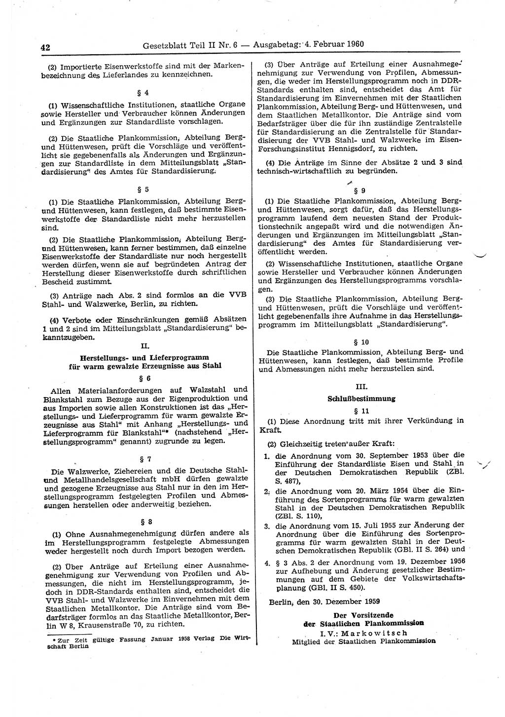 Gesetzblatt (GBl.) der Deutschen Demokratischen Republik (DDR) Teil ⅠⅠ 1960, Seite 42 (GBl. DDR ⅠⅠ 1960, S. 42)