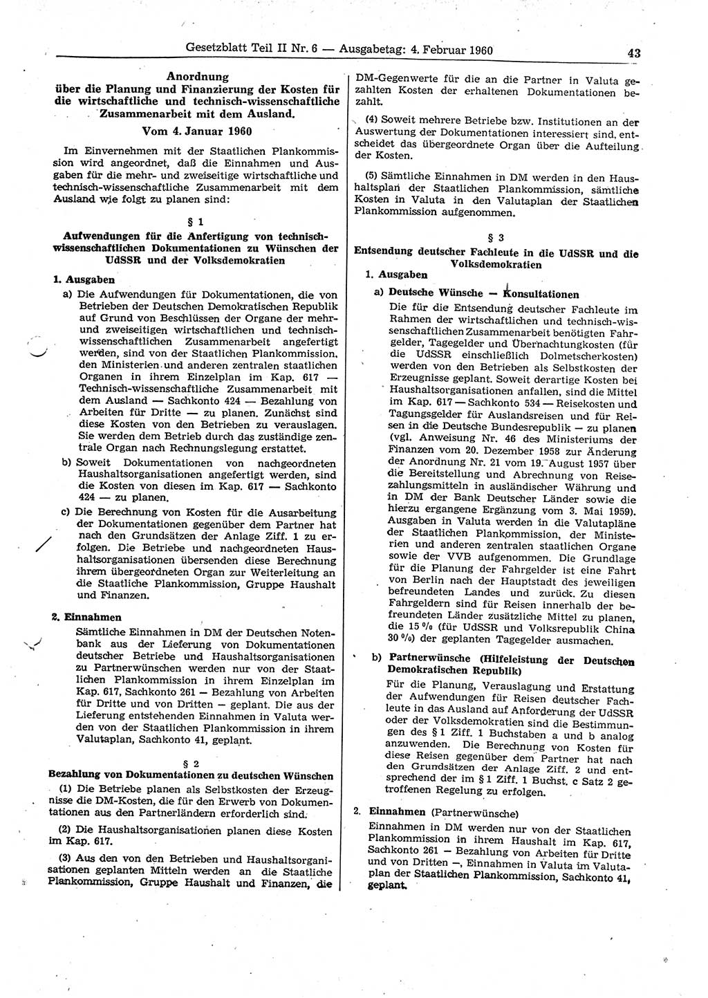 Gesetzblatt (GBl.) der Deutschen Demokratischen Republik (DDR) Teil ⅠⅠ 1960, Seite 43 (GBl. DDR ⅠⅠ 1960, S. 43)