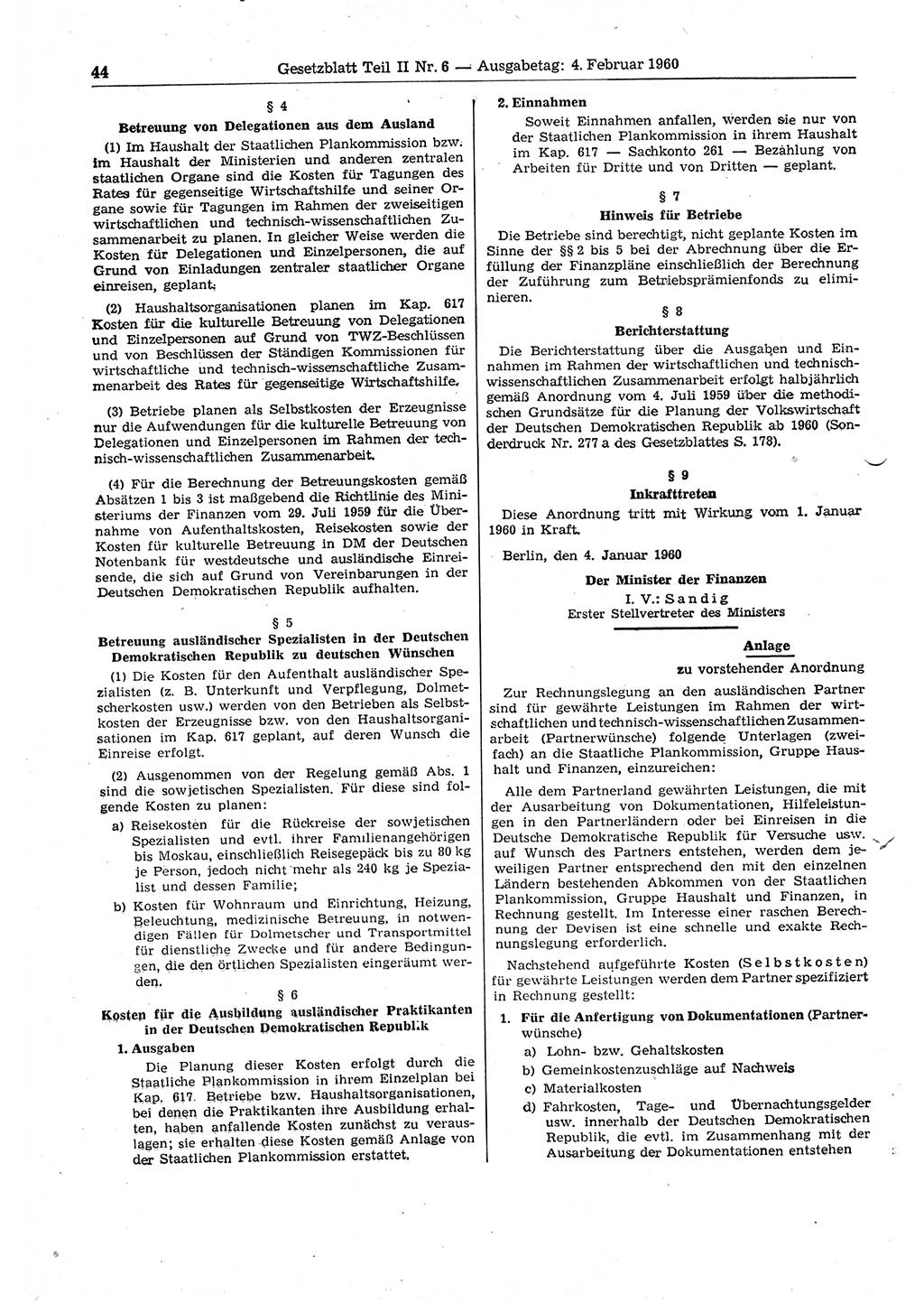 Gesetzblatt (GBl.) der Deutschen Demokratischen Republik (DDR) Teil ⅠⅠ 1960, Seite 44 (GBl. DDR ⅠⅠ 1960, S. 44)
