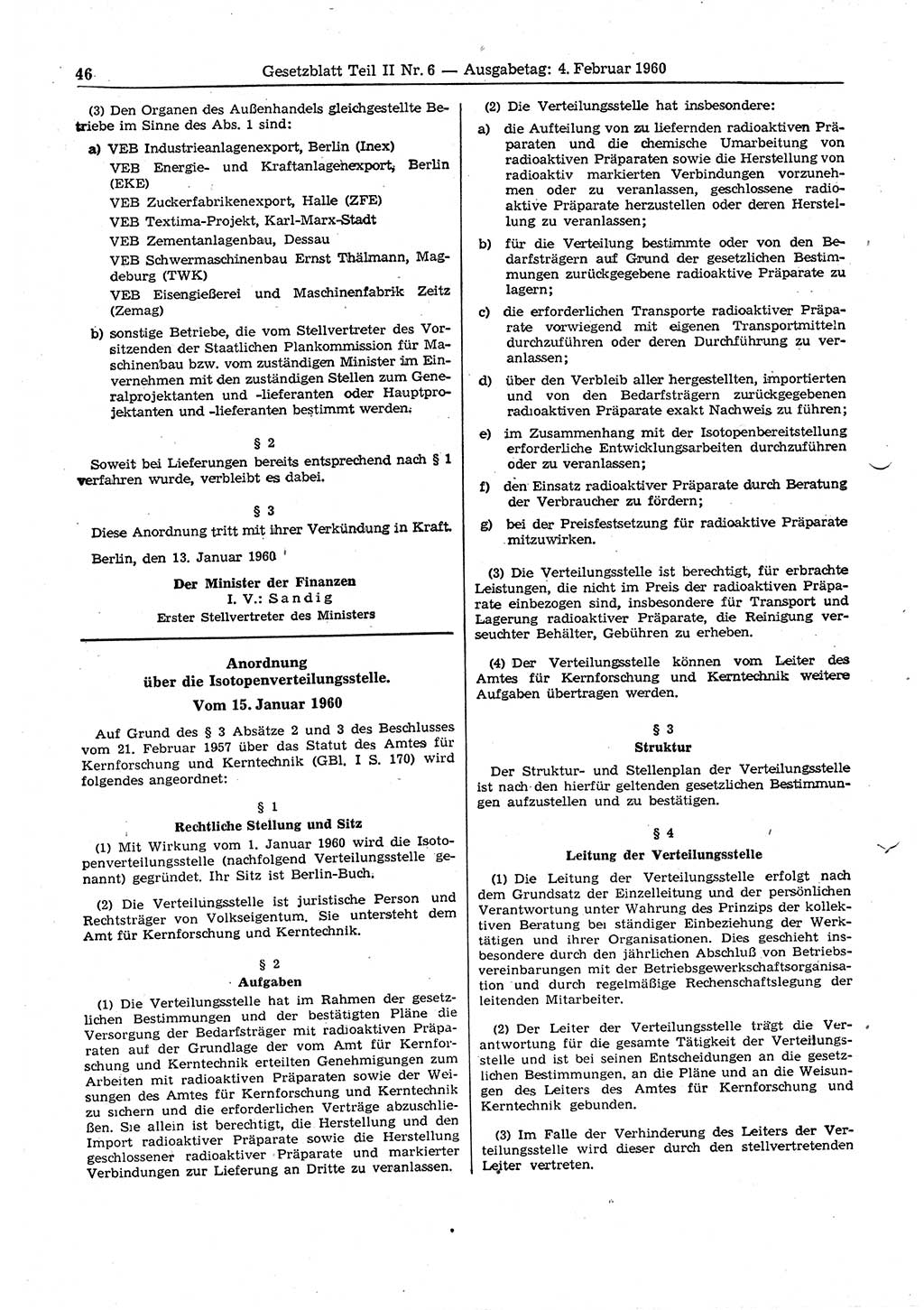 Gesetzblatt (GBl.) der Deutschen Demokratischen Republik (DDR) Teil ⅠⅠ 1960, Seite 46 (GBl. DDR ⅠⅠ 1960, S. 46)