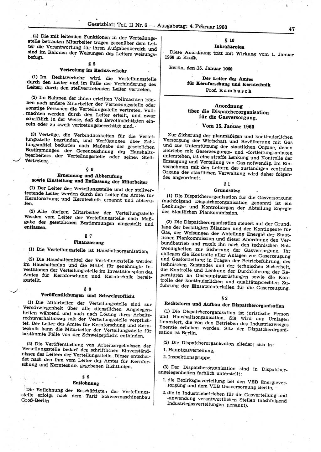 Gesetzblatt (GBl.) der Deutschen Demokratischen Republik (DDR) Teil ⅠⅠ 1960, Seite 47 (GBl. DDR ⅠⅠ 1960, S. 47)