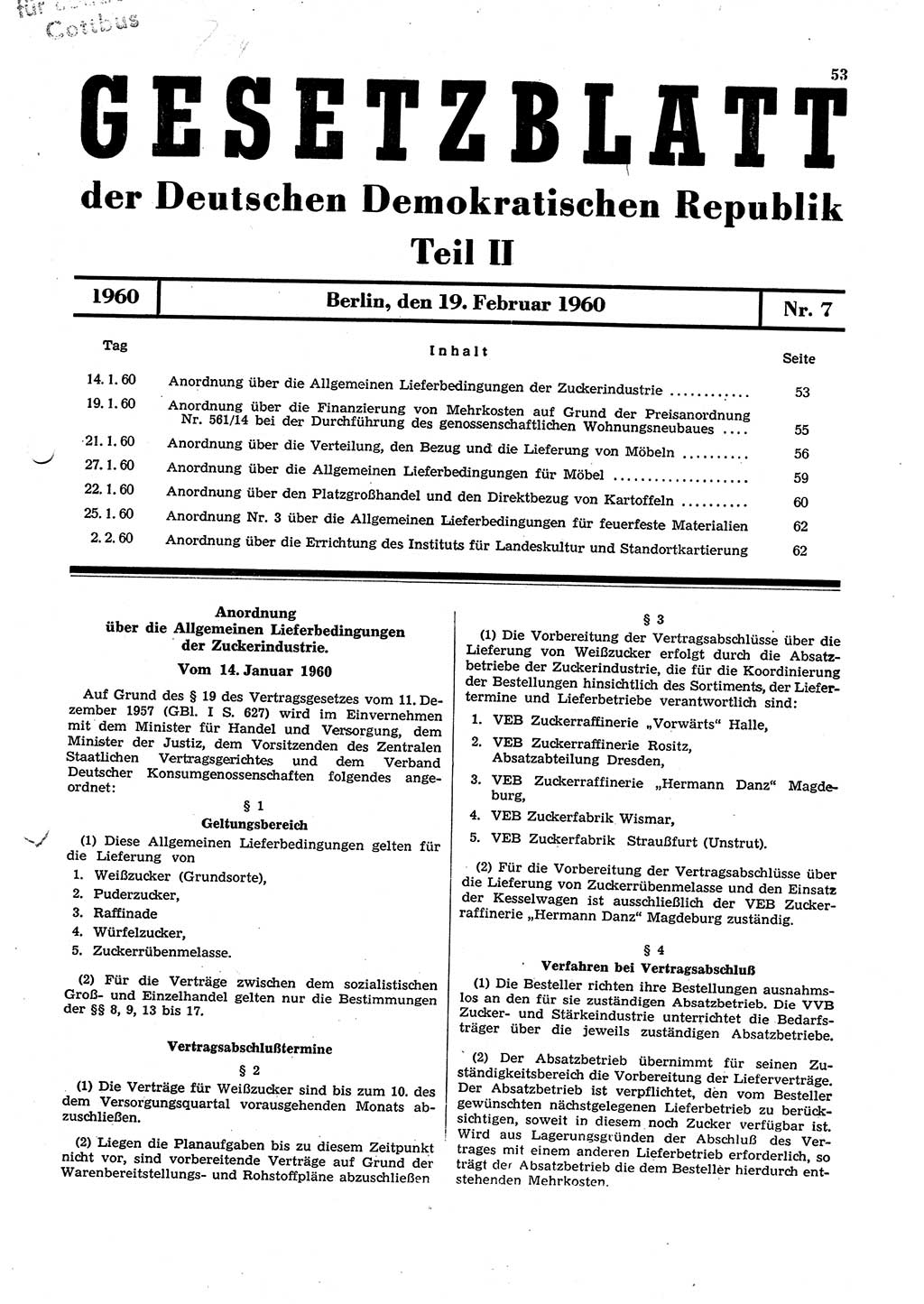 Gesetzblatt (GBl.) der Deutschen Demokratischen Republik (DDR) Teil ⅠⅠ 1960, Seite 53 (GBl. DDR ⅠⅠ 1960, S. 53)