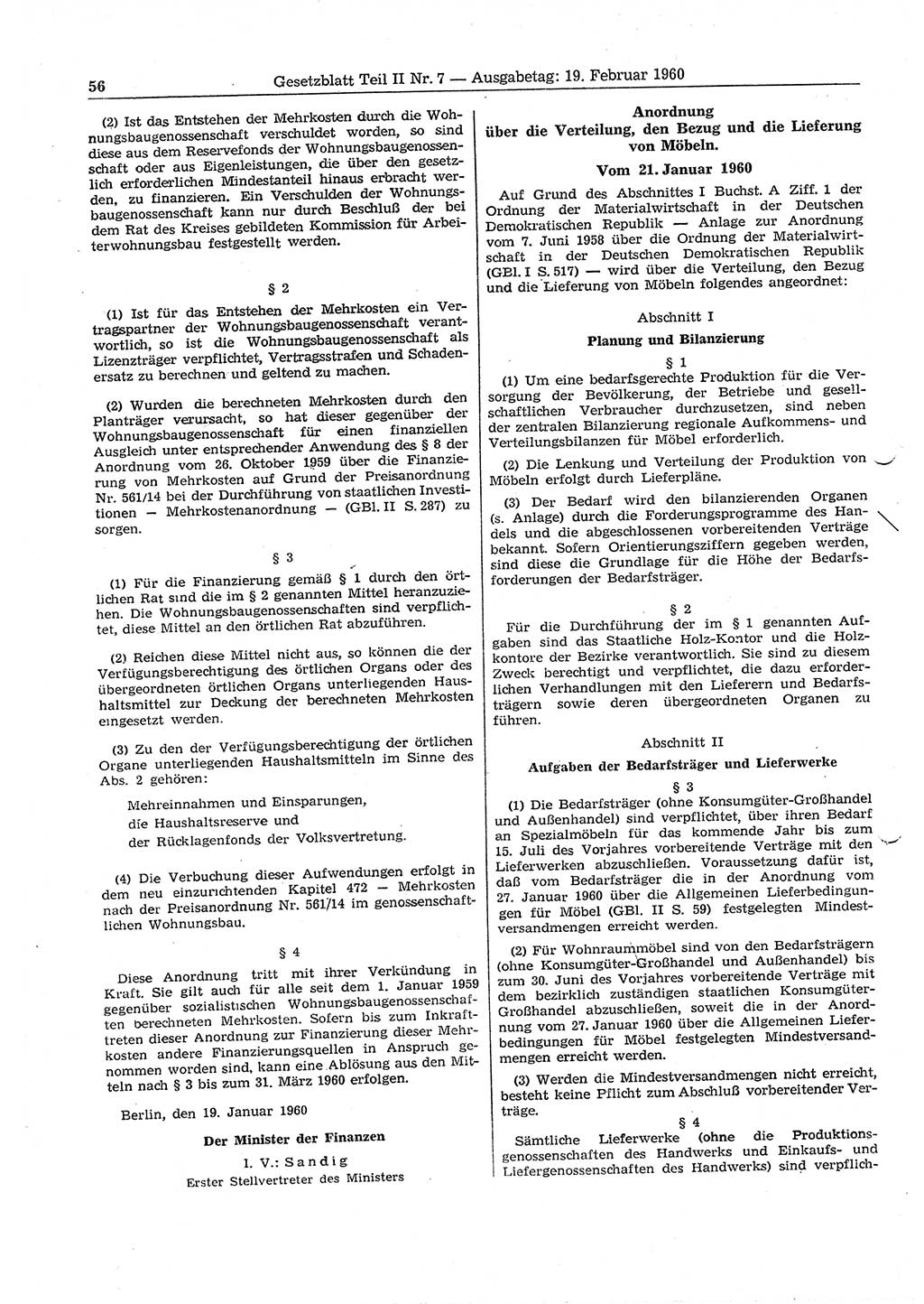 Gesetzblatt (GBl.) der Deutschen Demokratischen Republik (DDR) Teil ⅠⅠ 1960, Seite 56 (GBl. DDR ⅠⅠ 1960, S. 56)