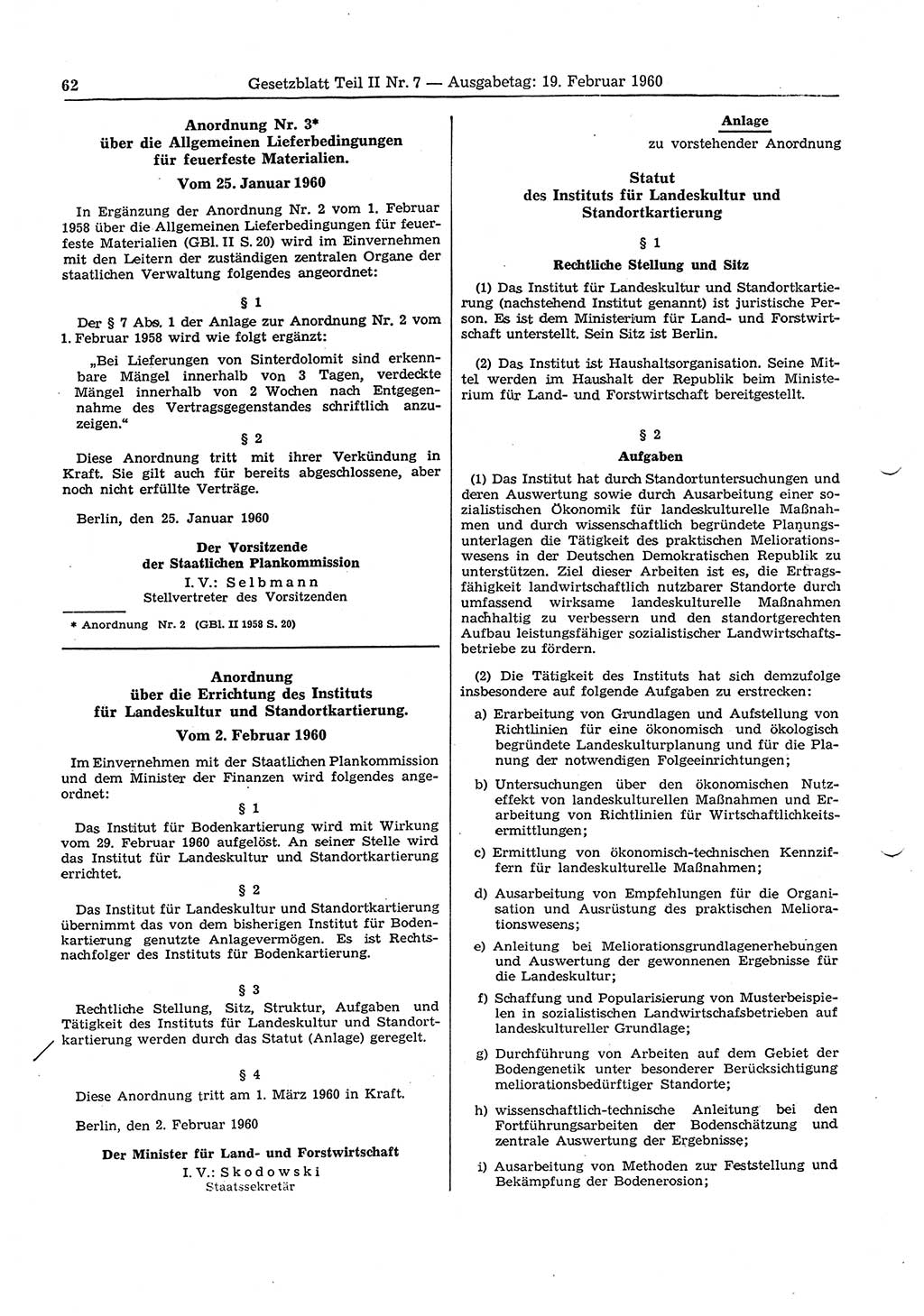 Gesetzblatt (GBl.) der Deutschen Demokratischen Republik (DDR) Teil ⅠⅠ 1960, Seite 62 (GBl. DDR ⅠⅠ 1960, S. 62)