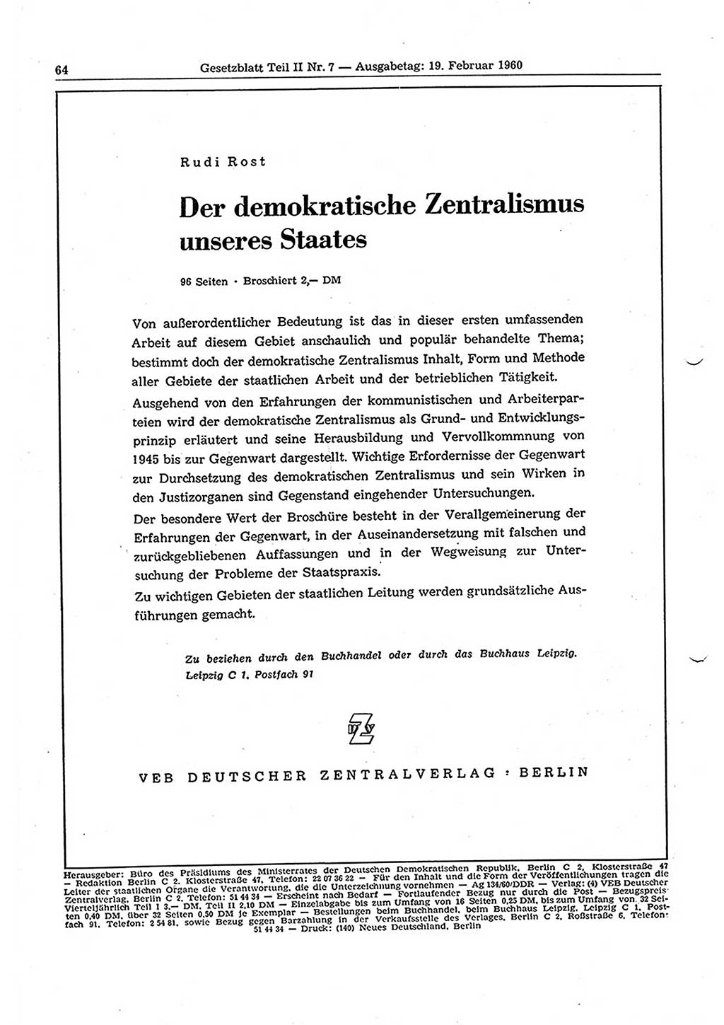 Gesetzblatt (GBl.) der Deutschen Demokratischen Republik (DDR) Teil ⅠⅠ 1960, Seite 64 (GBl. DDR ⅠⅠ 1960, S. 64)