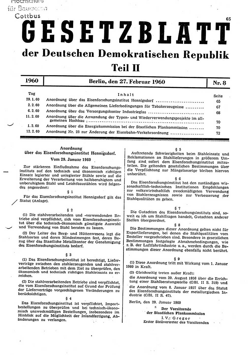 Gesetzblatt (GBl.) der Deutschen Demokratischen Republik (DDR) Teil ⅠⅠ 1960, Seite 65 (GBl. DDR ⅠⅠ 1960, S. 65)