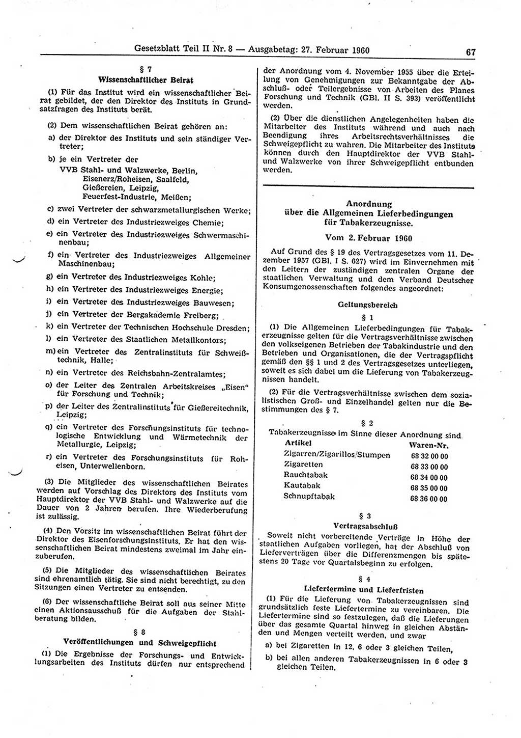 Gesetzblatt (GBl.) der Deutschen Demokratischen Republik (DDR) Teil ⅠⅠ 1960, Seite 67 (GBl. DDR ⅠⅠ 1960, S. 67)
