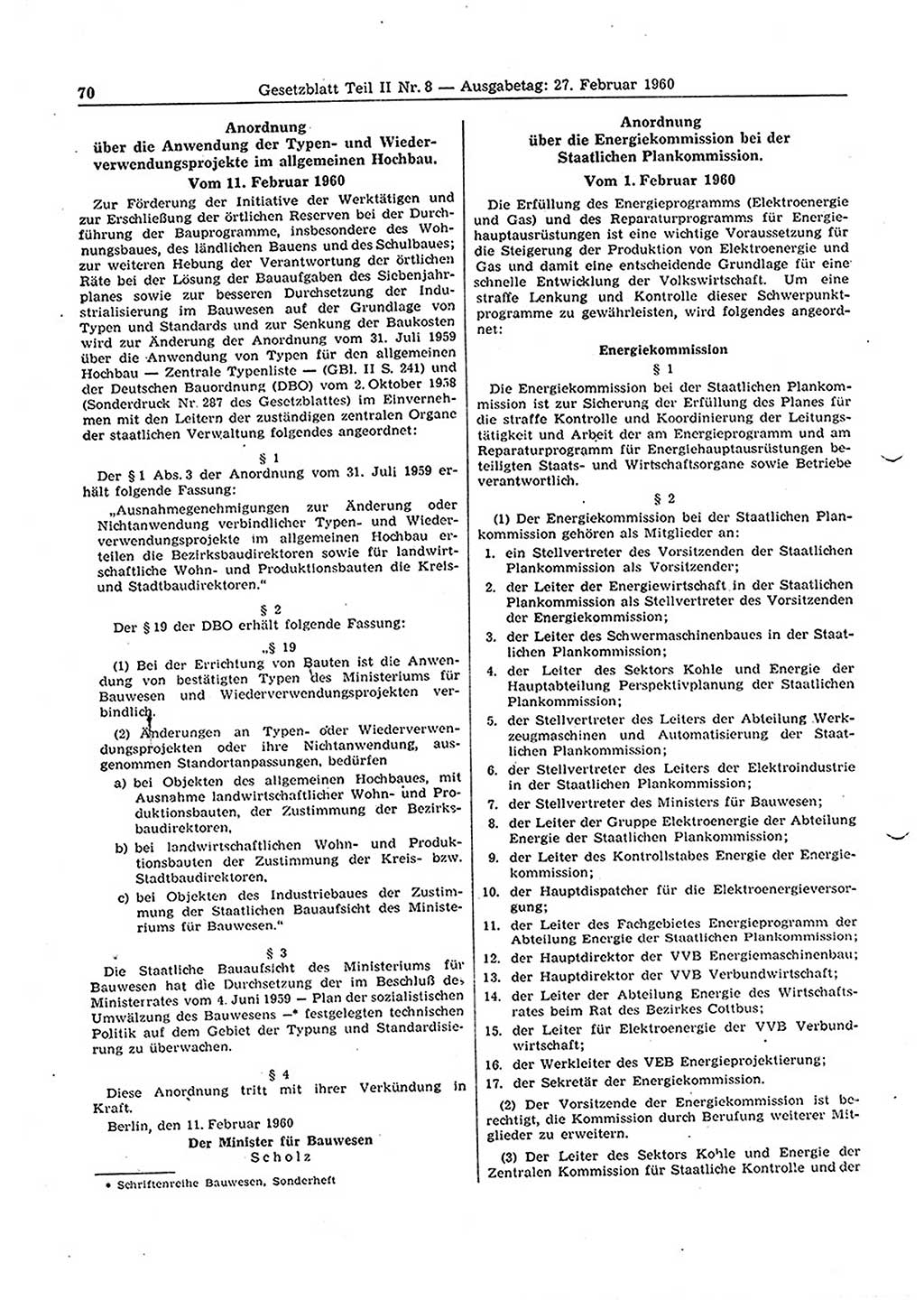 Gesetzblatt (GBl.) der Deutschen Demokratischen Republik (DDR) Teil ⅠⅠ 1960, Seite 70 (GBl. DDR ⅠⅠ 1960, S. 70)