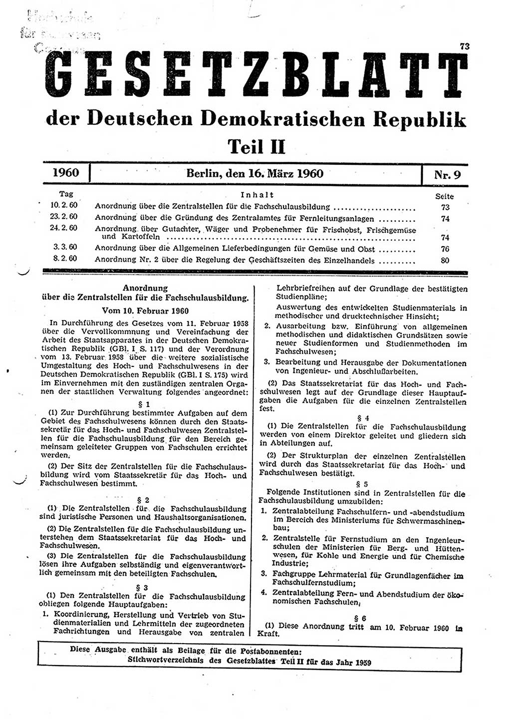 Gesetzblatt (GBl.) der Deutschen Demokratischen Republik (DDR) Teil ⅠⅠ 1960, Seite 73 (GBl. DDR ⅠⅠ 1960, S. 73)