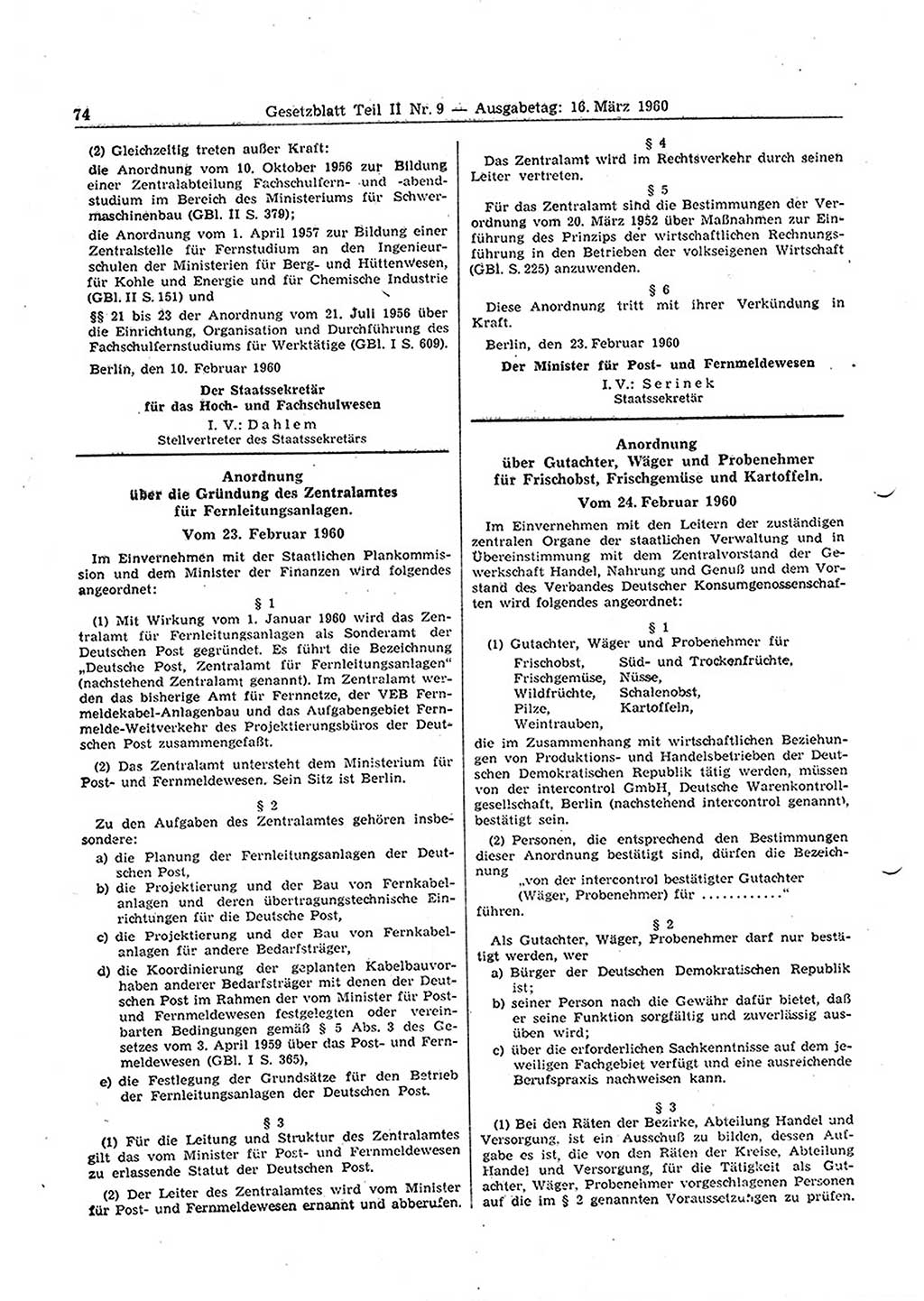 Gesetzblatt (GBl.) der Deutschen Demokratischen Republik (DDR) Teil ⅠⅠ 1960, Seite 74 (GBl. DDR ⅠⅠ 1960, S. 74)
