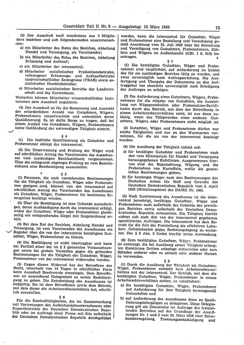 Gesetzblatt (GBl.) der Deutschen Demokratischen Republik (DDR) Teil ⅠⅠ 1960, Seite 75 (GBl. DDR ⅠⅠ 1960, S. 75)