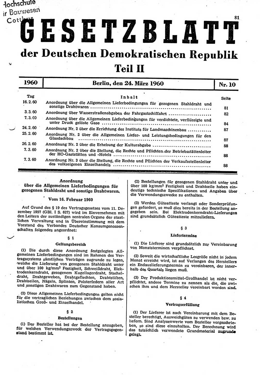 Gesetzblatt (GBl.) der Deutschen Demokratischen Republik (DDR) Teil ⅠⅠ 1960, Seite 81 (GBl. DDR ⅠⅠ 1960, S. 81)