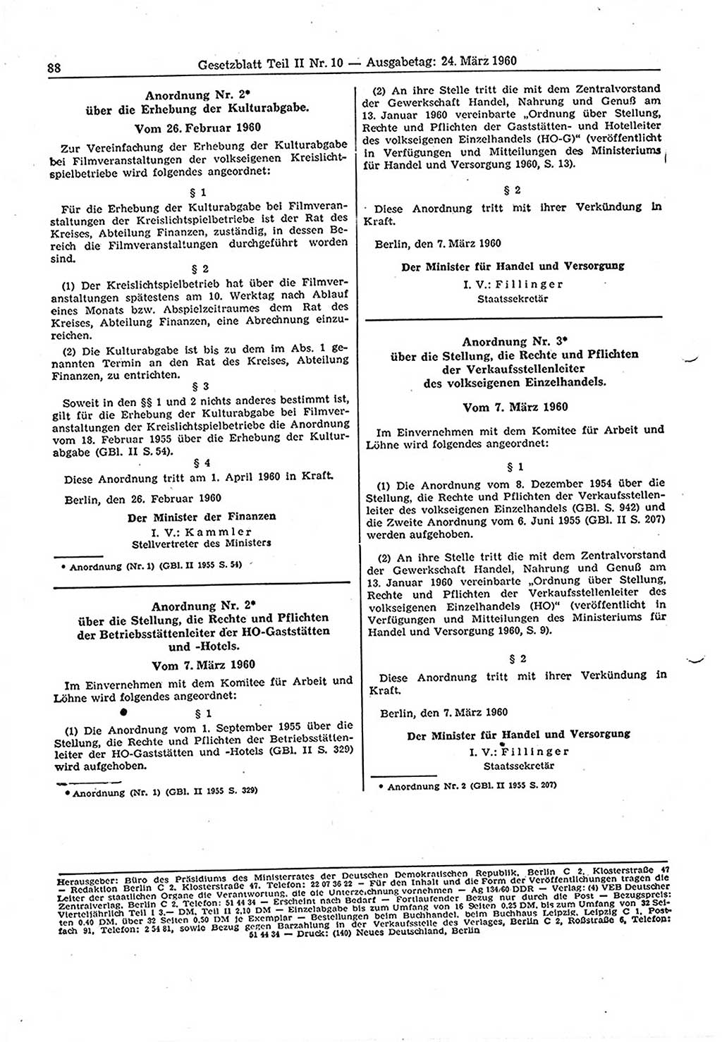 Gesetzblatt (GBl.) der Deutschen Demokratischen Republik (DDR) Teil ⅠⅠ 1960, Seite 88 (GBl. DDR ⅠⅠ 1960, S. 88)