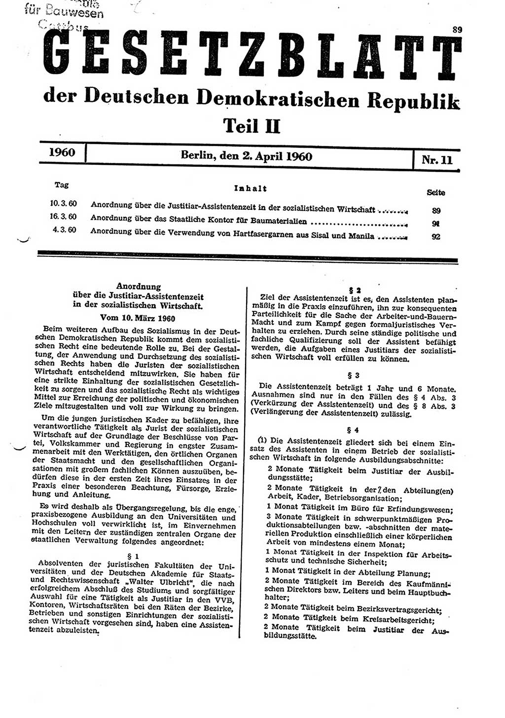 Gesetzblatt (GBl.) der Deutschen Demokratischen Republik (DDR) Teil ⅠⅠ 1960, Seite 89 (GBl. DDR ⅠⅠ 1960, S. 89)