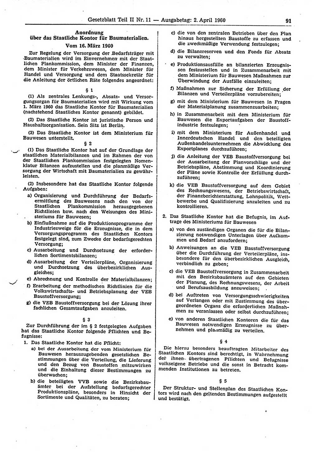 Gesetzblatt (GBl.) der Deutschen Demokratischen Republik (DDR) Teil ⅠⅠ 1960, Seite 91 (GBl. DDR ⅠⅠ 1960, S. 91)