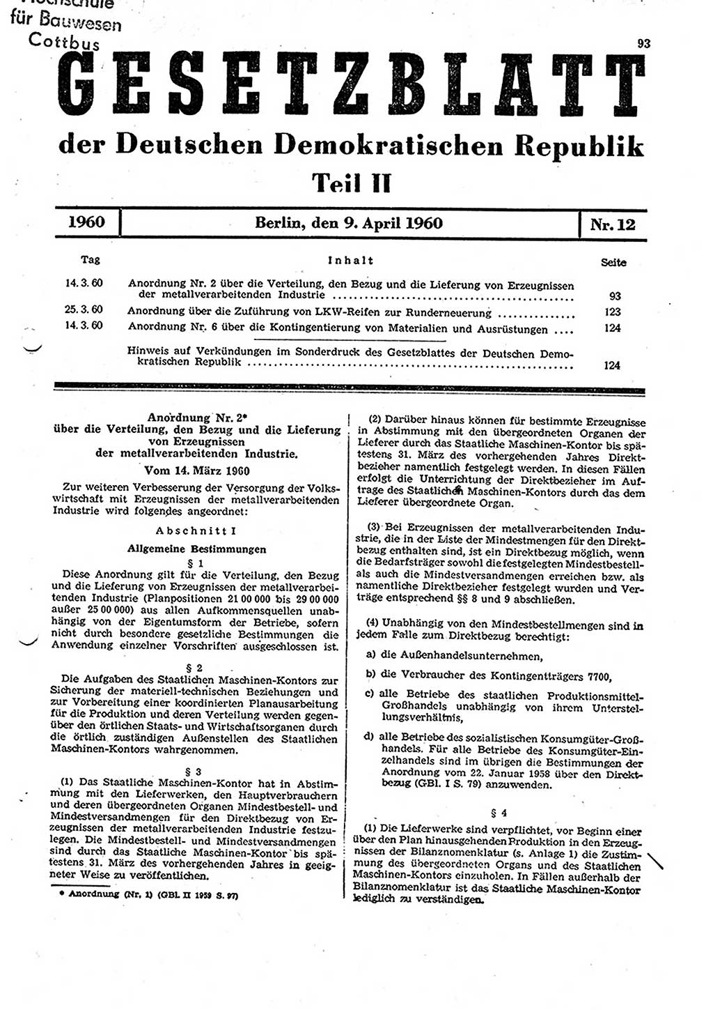 Gesetzblatt (GBl.) der Deutschen Demokratischen Republik (DDR) Teil ⅠⅠ 1960, Seite 93 (GBl. DDR ⅠⅠ 1960, S. 93)