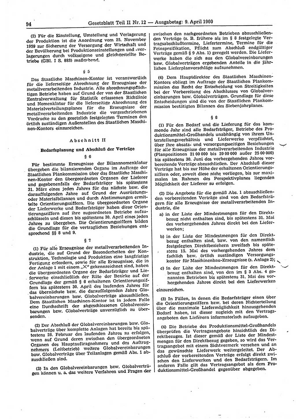 Gesetzblatt (GBl.) der Deutschen Demokratischen Republik (DDR) Teil ⅠⅠ 1960, Seite 94 (GBl. DDR ⅠⅠ 1960, S. 94)