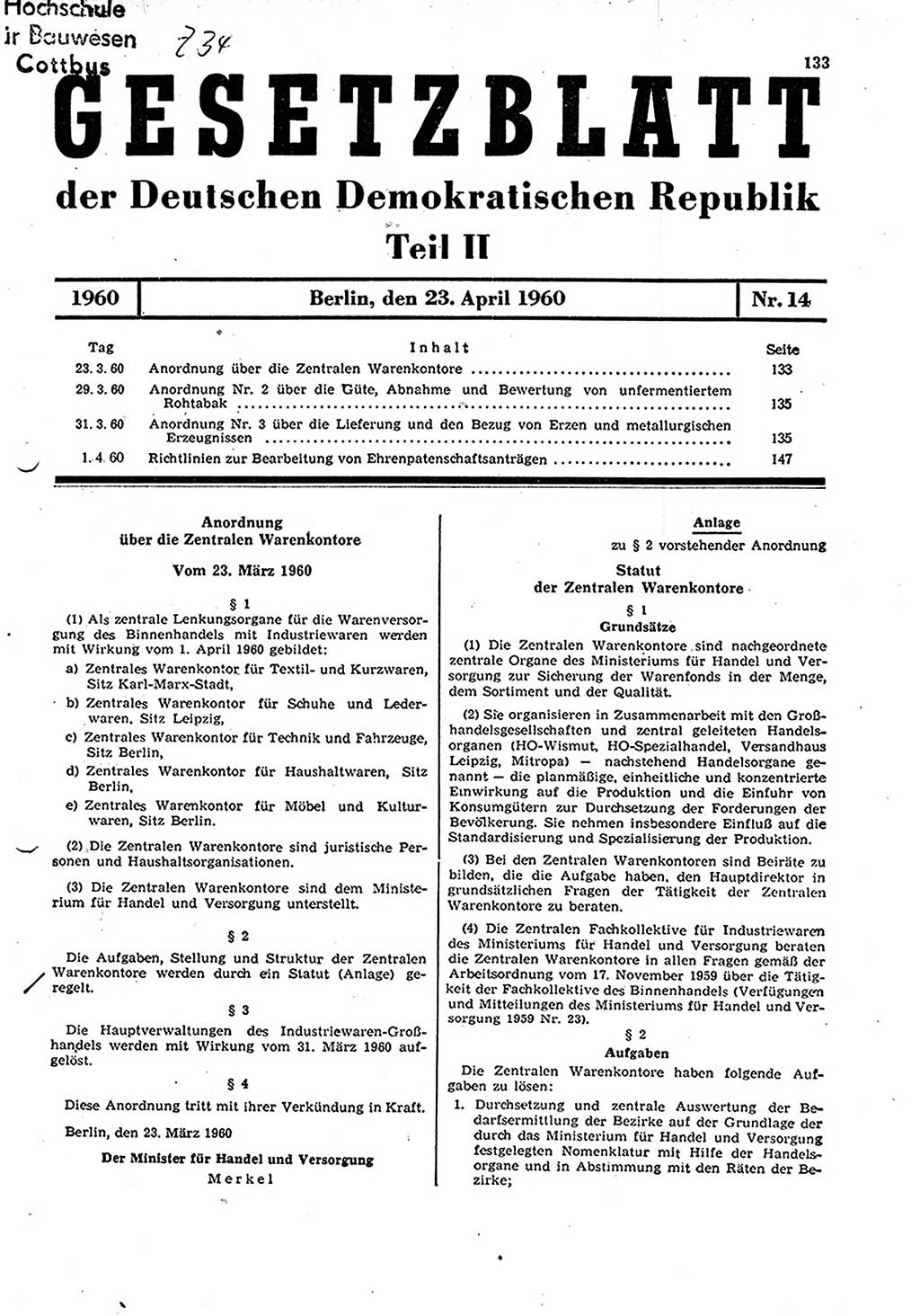 Gesetzblatt (GBl.) der Deutschen Demokratischen Republik (DDR) Teil ⅠⅠ 1960, Seite 133 (GBl. DDR ⅠⅠ 1960, S. 133)