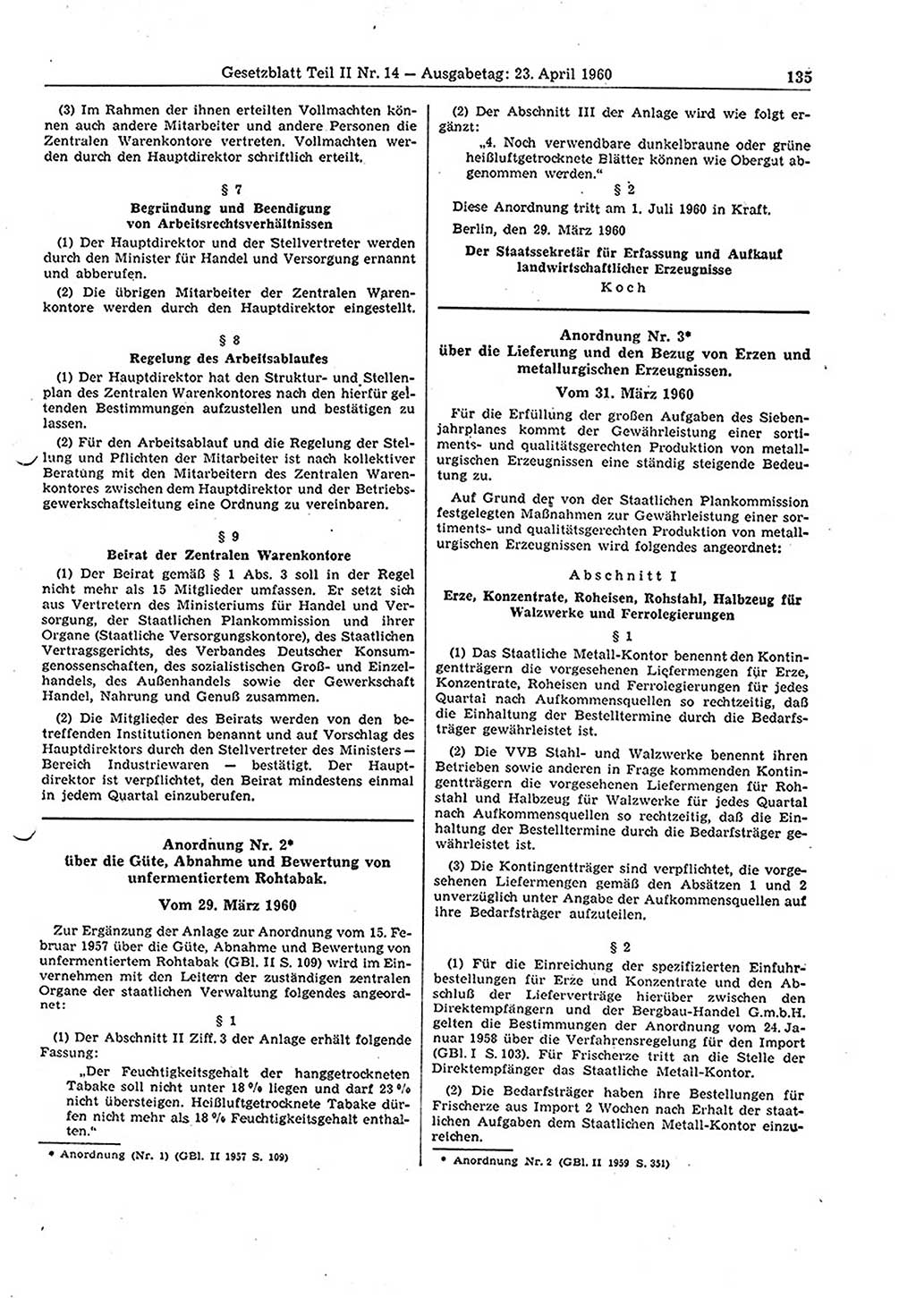 Gesetzblatt (GBl.) der Deutschen Demokratischen Republik (DDR) Teil ⅠⅠ 1960, Seite 135 (GBl. DDR ⅠⅠ 1960, S. 135)