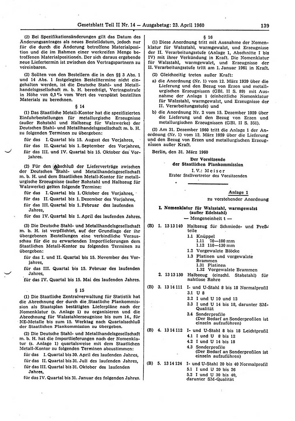 Gesetzblatt (GBl.) der Deutschen Demokratischen Republik (DDR) Teil ⅠⅠ 1960, Seite 139 (GBl. DDR ⅠⅠ 1960, S. 139)