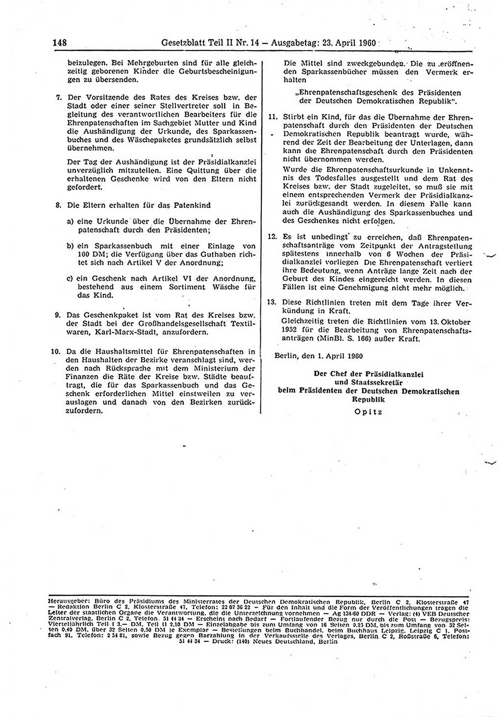 Gesetzblatt (GBl.) der Deutschen Demokratischen Republik (DDR) Teil ⅠⅠ 1960, Seite 148 (GBl. DDR ⅠⅠ 1960, S. 148)