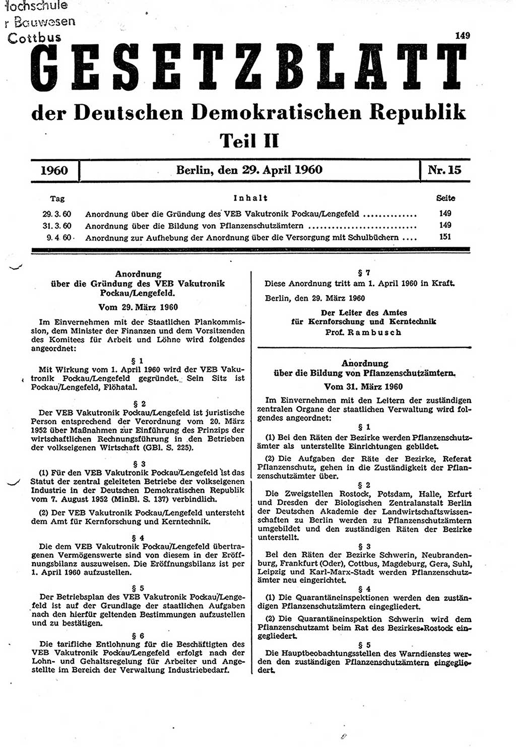 Gesetzblatt (GBl.) der Deutschen Demokratischen Republik (DDR) Teil ⅠⅠ 1960, Seite 149 (GBl. DDR ⅠⅠ 1960, S. 149)