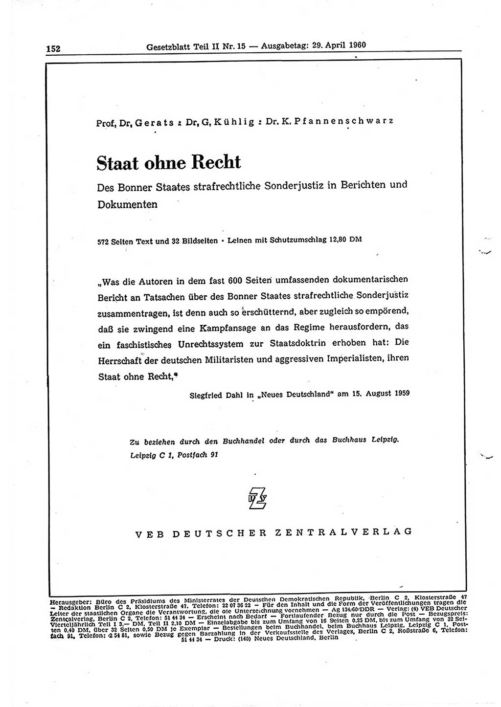 Gesetzblatt (GBl.) der Deutschen Demokratischen Republik (DDR) Teil ⅠⅠ 1960, Seite 152 (GBl. DDR ⅠⅠ 1960, S. 152)
