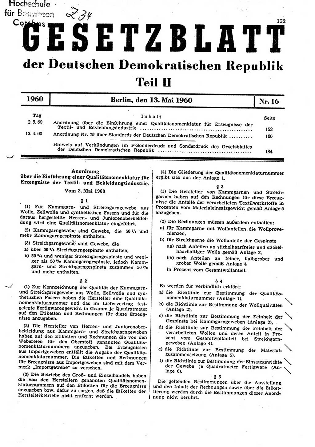 Gesetzblatt (GBl.) der Deutschen Demokratischen Republik (DDR) Teil ⅠⅠ 1960, Seite 153 (GBl. DDR ⅠⅠ 1960, S. 153)