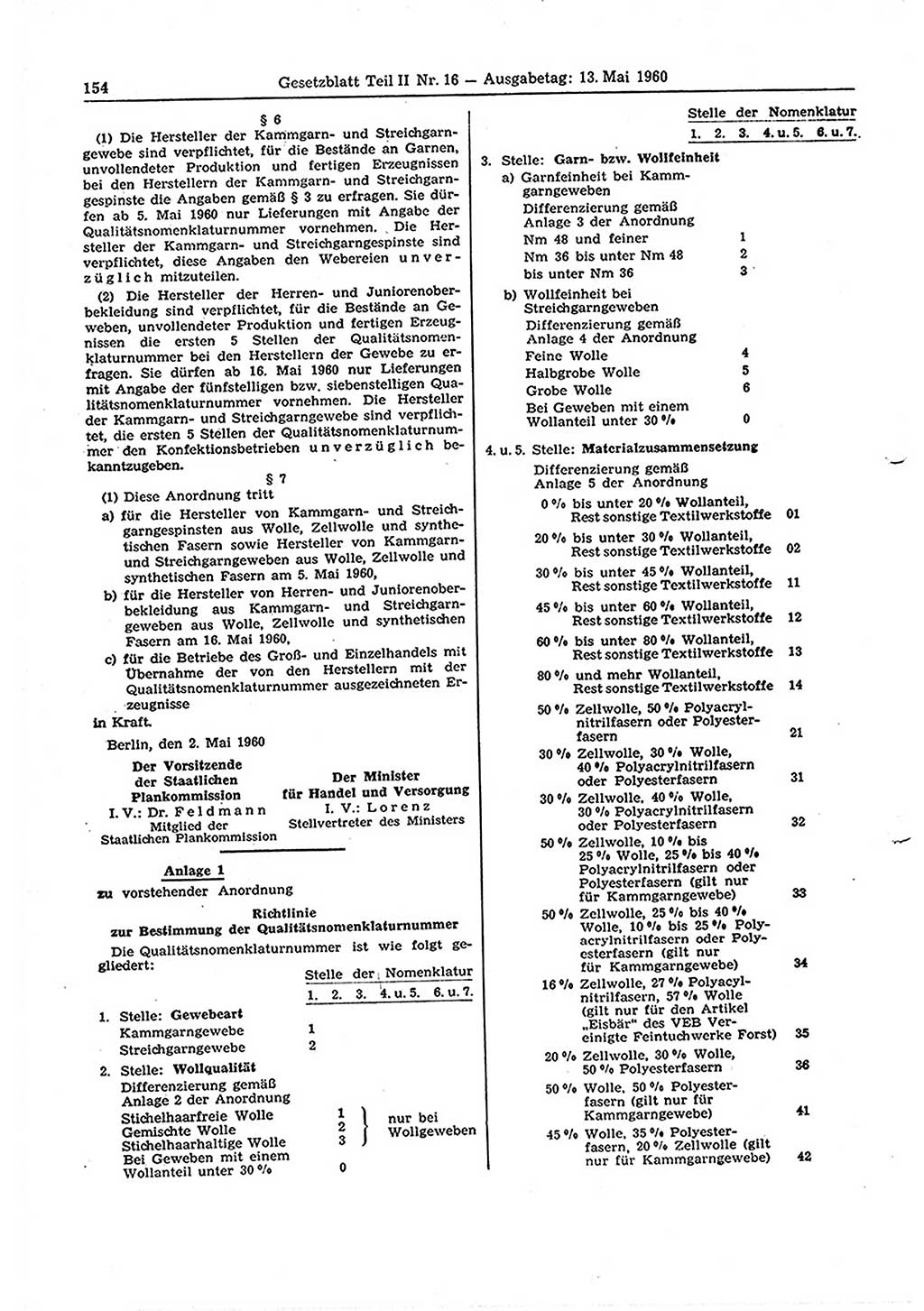 Gesetzblatt (GBl.) der Deutschen Demokratischen Republik (DDR) Teil ⅠⅠ 1960, Seite 154 (GBl. DDR ⅠⅠ 1960, S. 154)