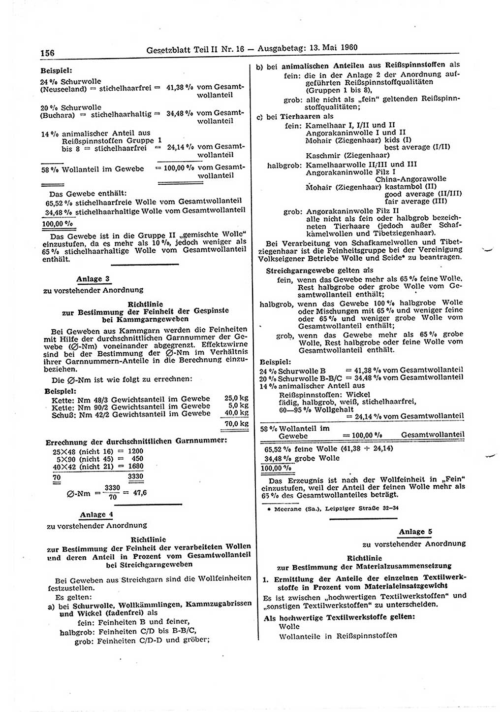 Gesetzblatt (GBl.) der Deutschen Demokratischen Republik (DDR) Teil ⅠⅠ 1960, Seite 156 (GBl. DDR ⅠⅠ 1960, S. 156)